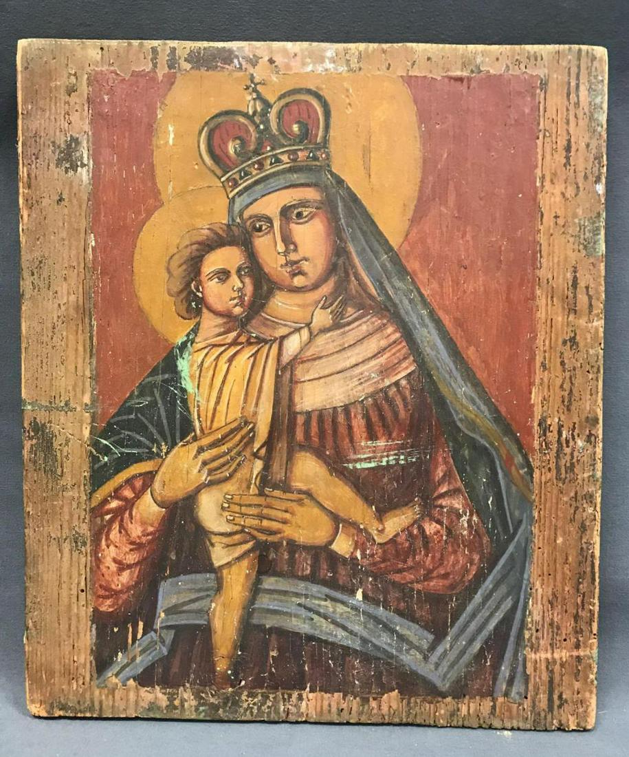 Older Russian Icon Of Madonna And Child On Wood: Older Russian icon of Madonna and child on wood. Approximately 11 x 9.25 x 1in.