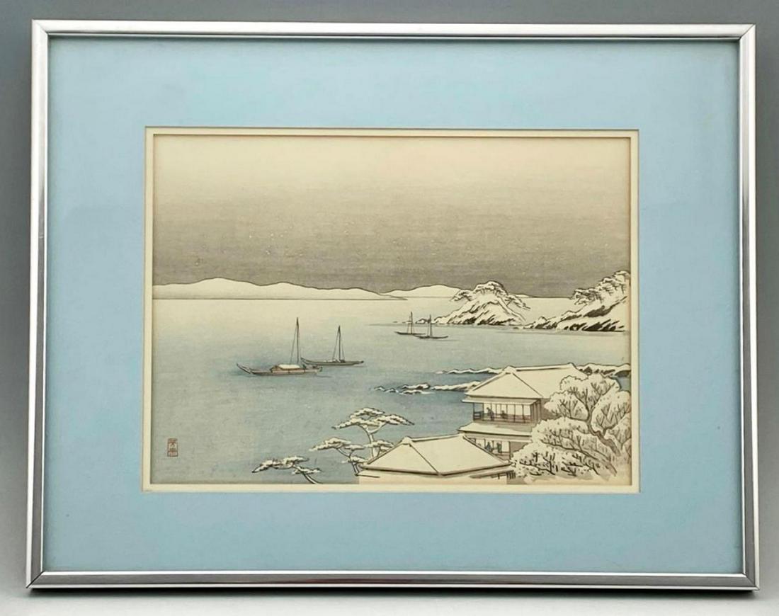 Utagawa Yoshimune II, Japanese Ukiyo-e Woodblock Print: Japanese Scene Viewing Boats in Water from Village Side. Approximately 14.25 in x 11.25, sight 9.5 in x 7 in.
