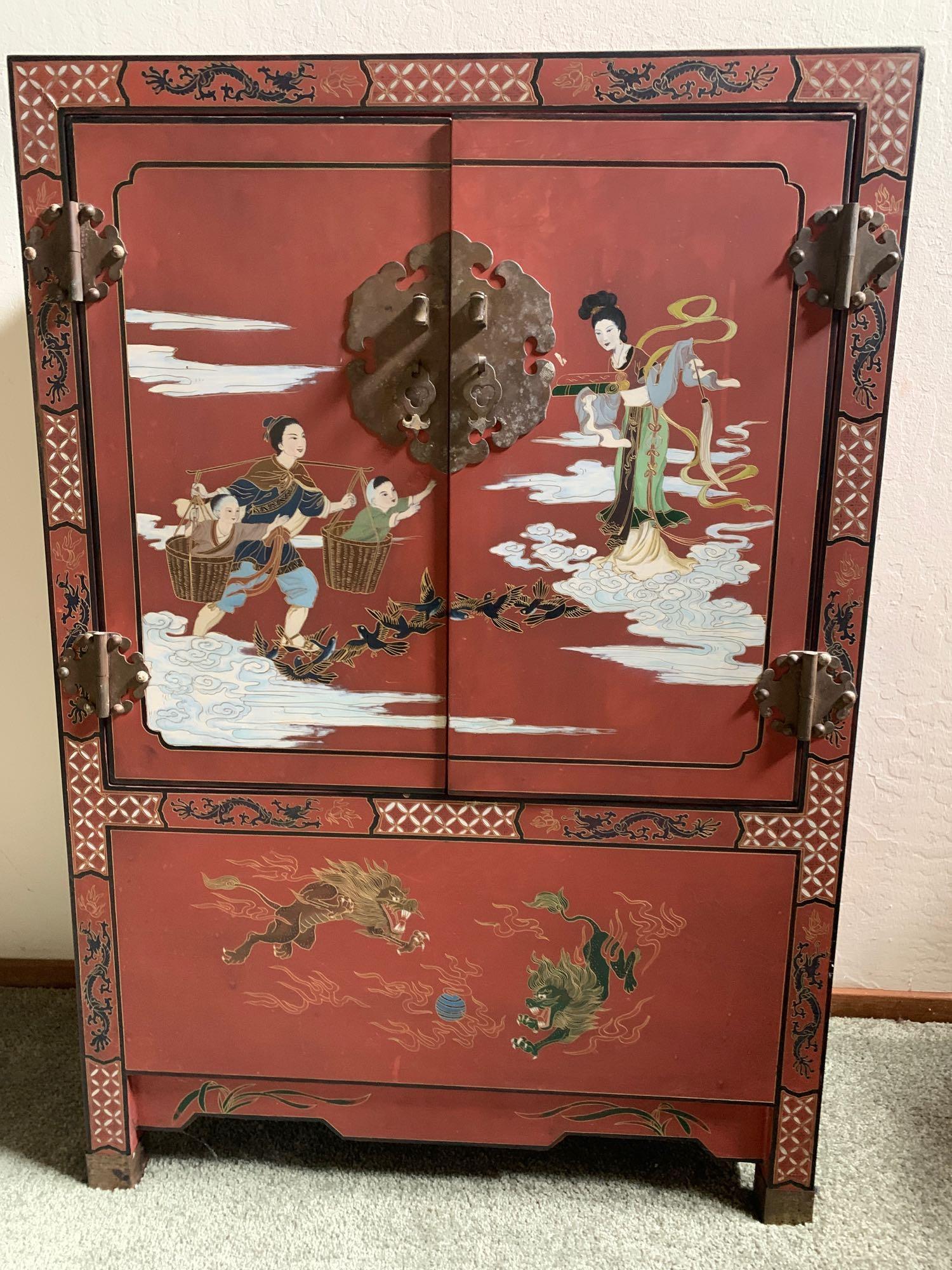 Chinese red and black lacquer cabinet. (1 of 18)
