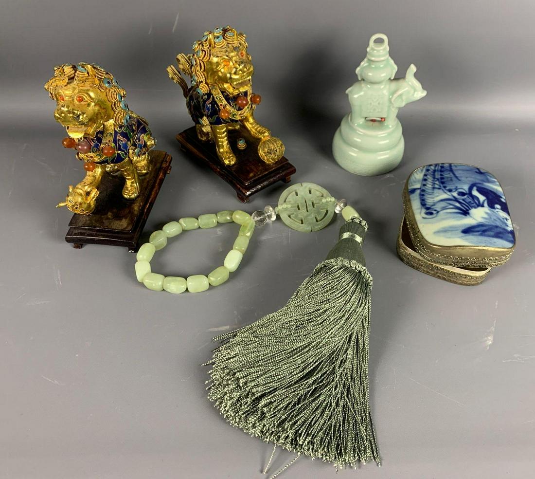 Lot of Asian Decor: A lot of Asian decor Jade necklace tassel Two Asian lions bookends Ceramic teal elephant bell Porcelain box. SHIPPING AVAILABLE