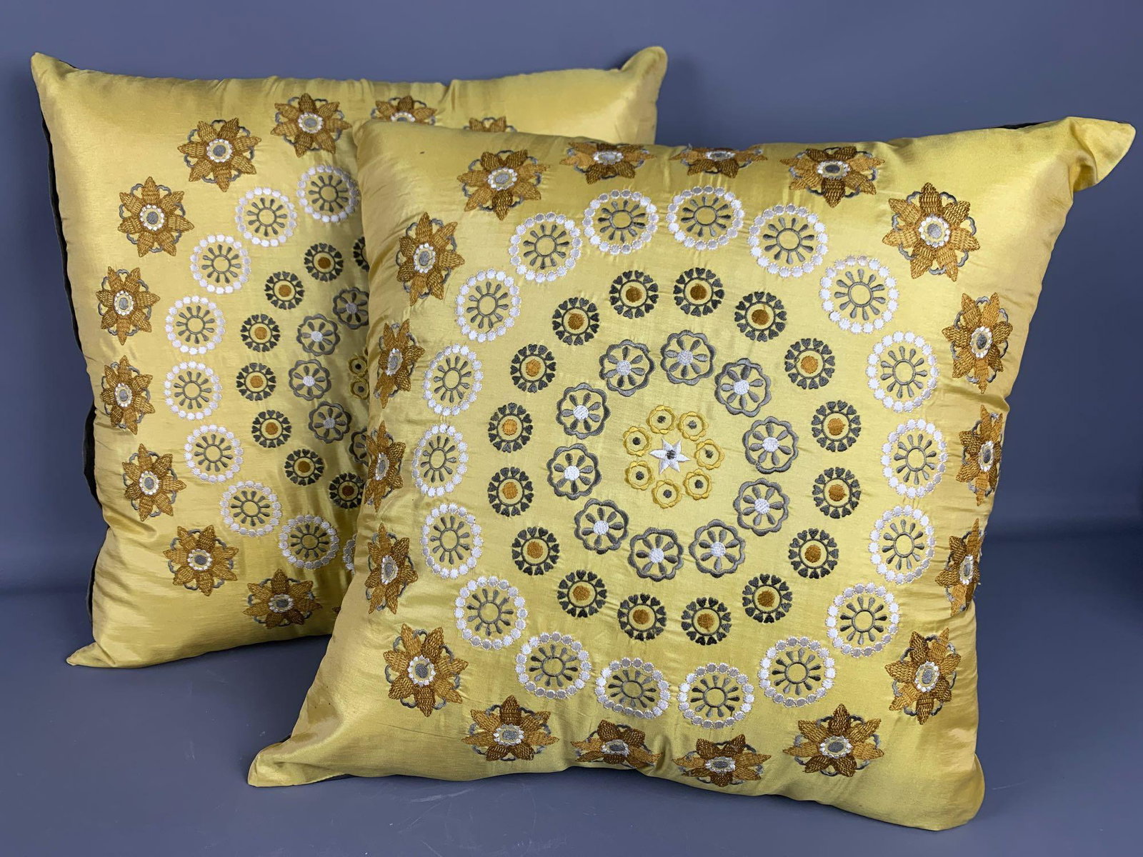 Two yellow throw pillows: Pillows Approximately 17 x 17. NO SHIPPING AVAILABLE