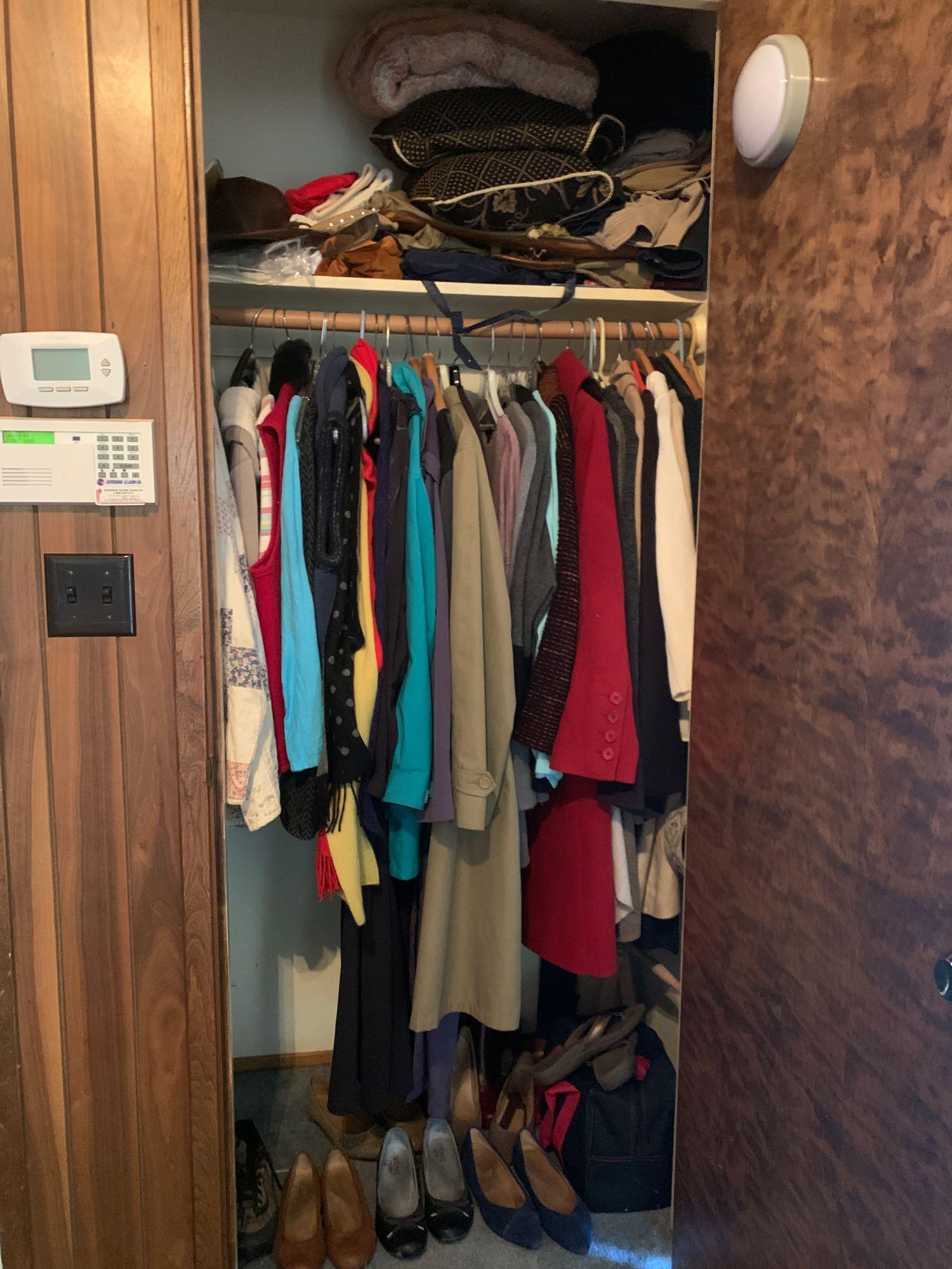 Closet filled with coats, hats, cashmere, scarfs, shoes: Closet filled with items. Jackets Scarfs Shoes women 7.5 Steamer Pillows Pants And more! NO SHIPPING AVAILABLE