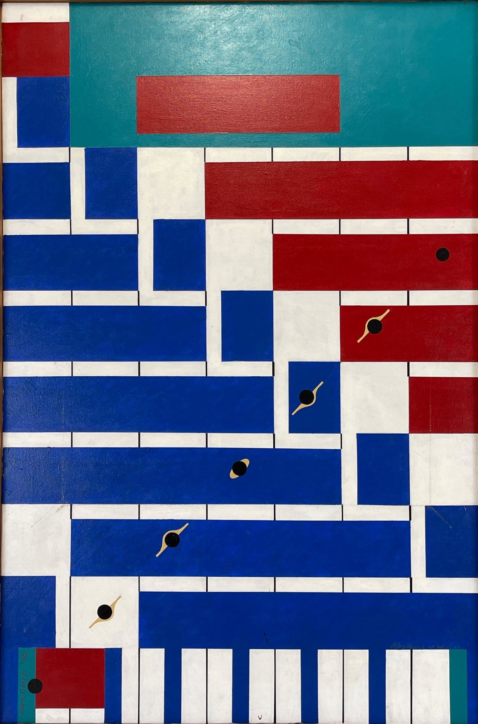 Rhythms Of Winter, Harri Clark, California Geometric: Rhythms of Winter, Harri Clark, California Geometric Abstract Composition, Oil on Canvas Rhythms Of Winter Painting Signed Harri Clark 90 Wooden frame, painting contains mainly blue blocks with smalle