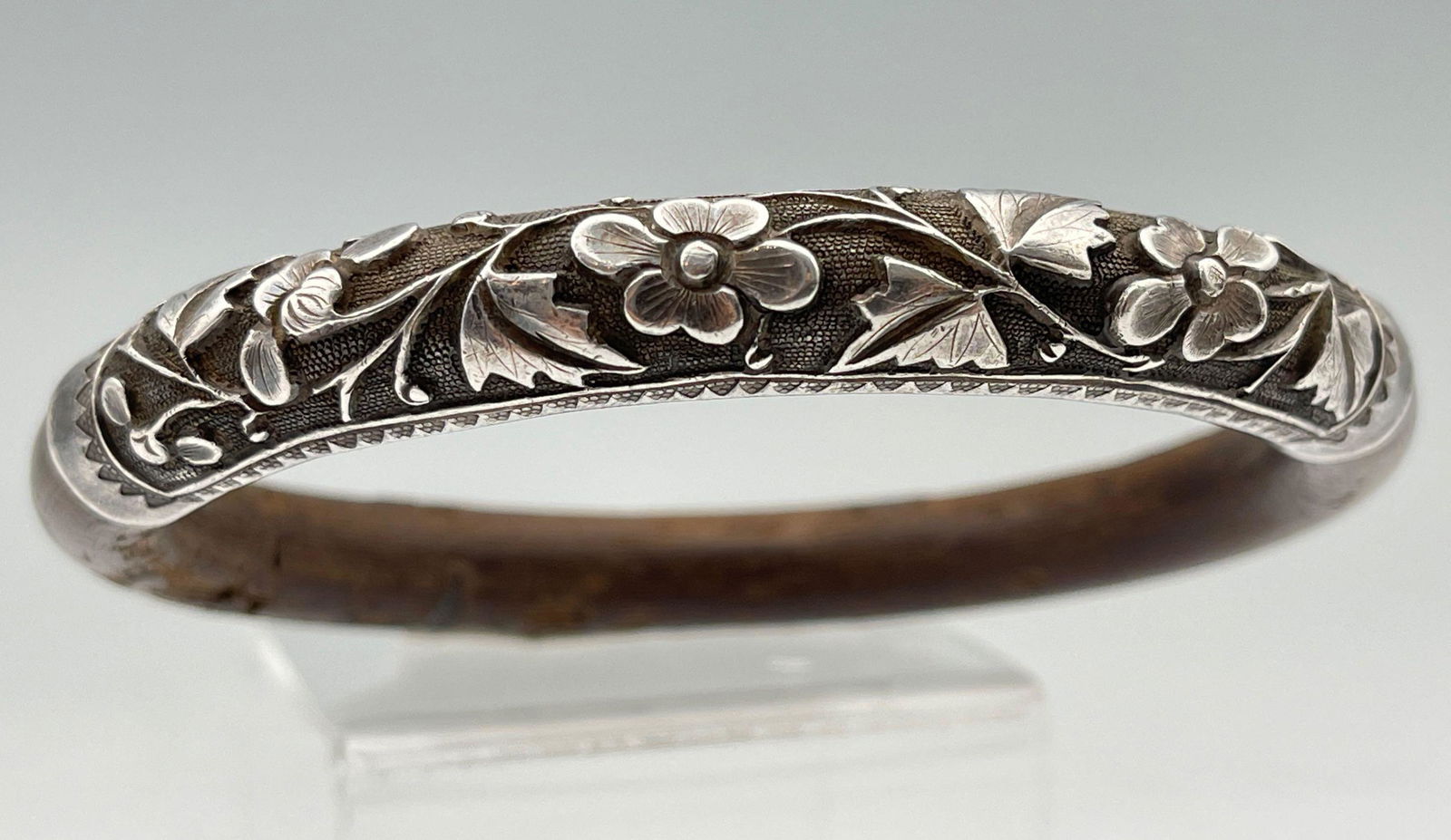 Antique Chinese Silver Repousee And Wood Bangle (1 of 14)