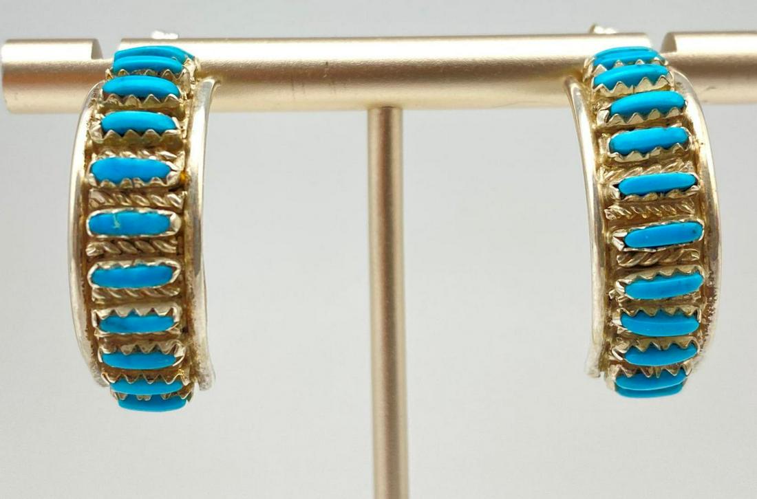 Zuni Sterling and Turquoise Half Hoop Earrings: Zuni Sterling and Turquoise Half Hoop Earrings signed "EJB", Joan Cheama. 6.3 g, Marked 925. Approximately 1 in. x .5 in.