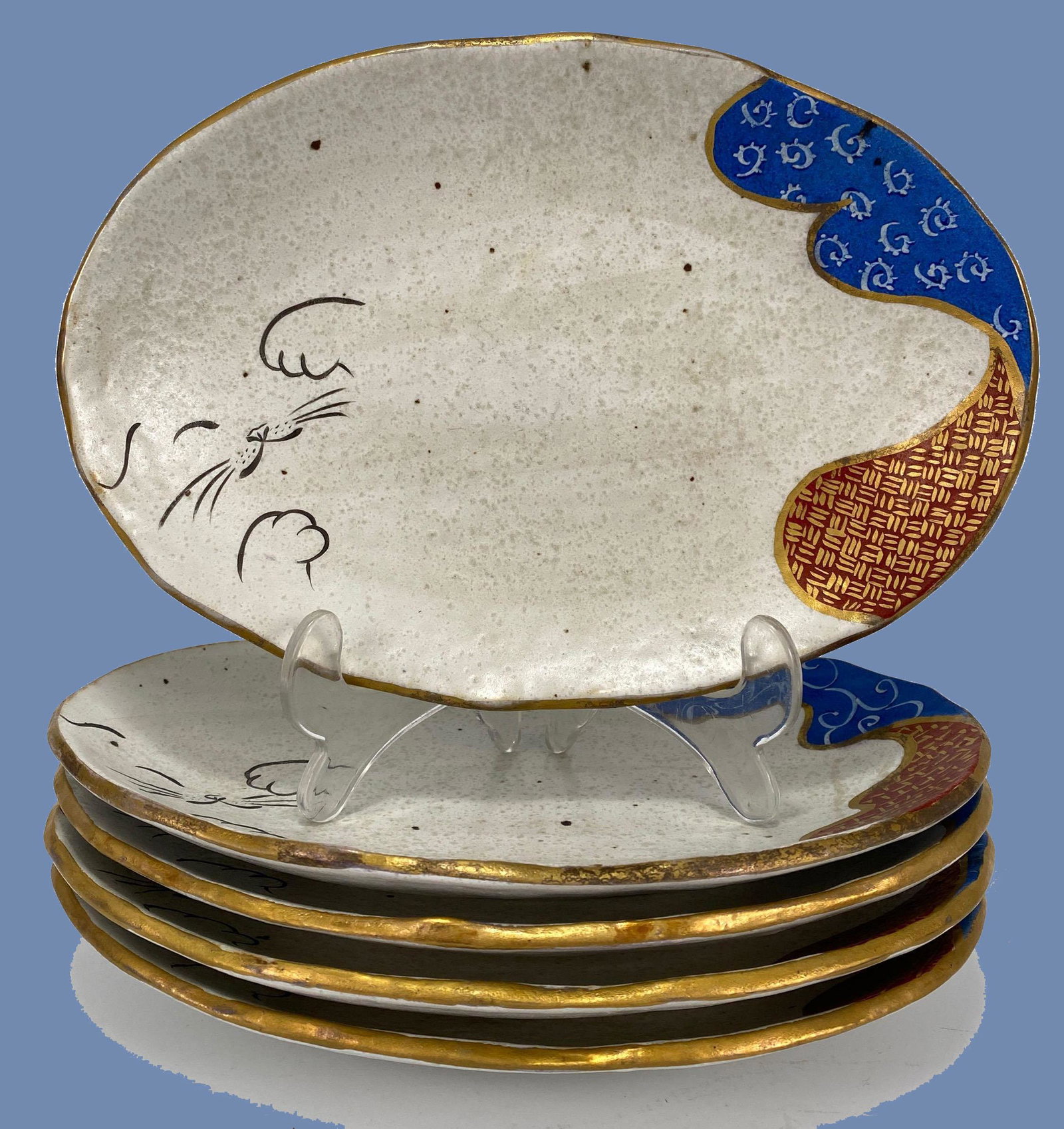 5 Japanese Pottery Stylized Cat Plates (1 of 6)