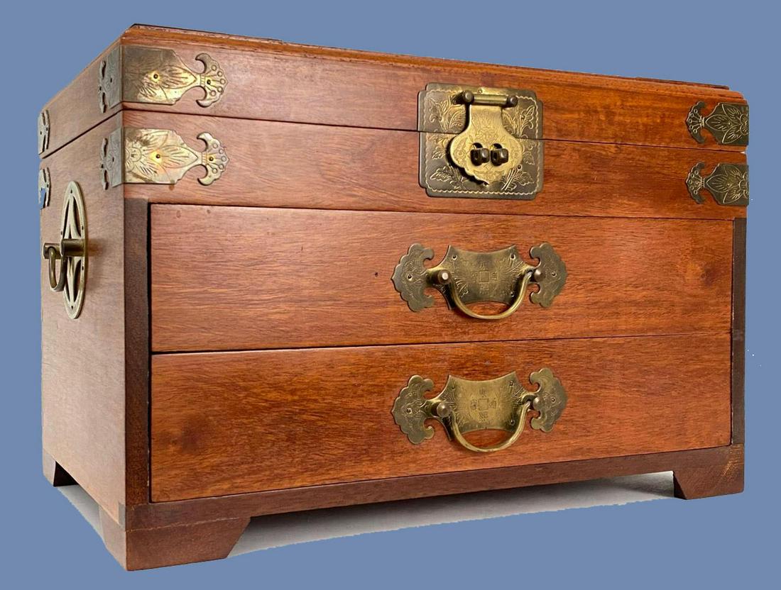 Chinese Hardwood Jewelry Box with Brass Fitting and: Chinese Hardwood Jewelry Box with Brass Fitting and Velvet Lining. Dimensions: 15 x 10 x 9.375