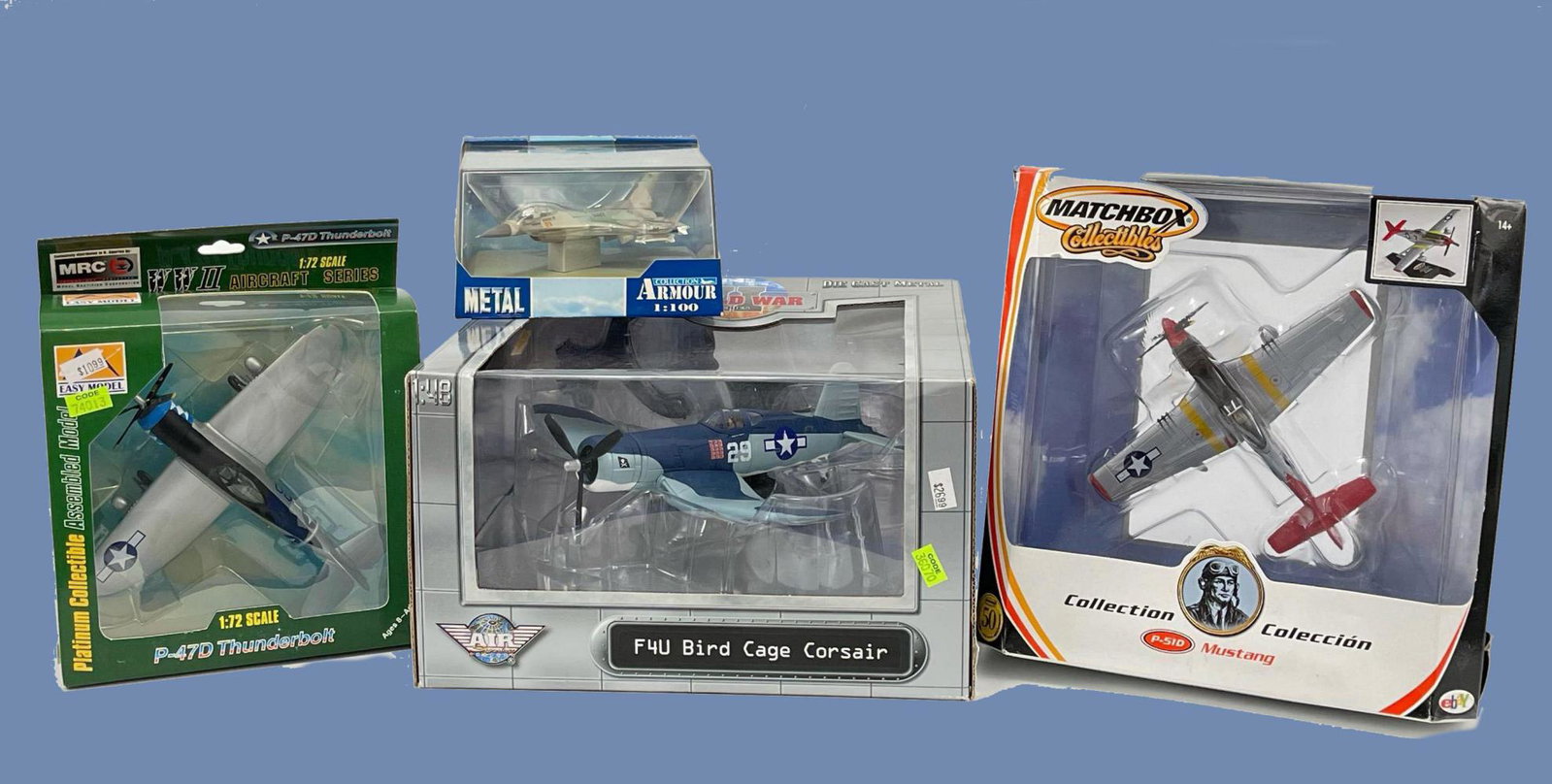 4 Model Airplanes: Armour Collection, MRC Easy Model,: 4 Replica Airplanes: Armour Collection, MRC Easy Model, Matchbox Collectibles, Yat Ming. 'Armour Collection' 1/100 Scale Model F-16 Falcon, US Navy "Top Gun", 5012. MRC Easy Model 1/72 Scale P-47D Thu