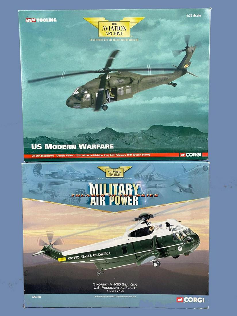 2 Corgi "Aviation Archive" 1:72 Scale Diecast Model: 2 Corgi "Aviation Archive" 1:72 Scale Diecast Model Helicopters. Sikorsky VH-3D Sea King U.S. Presidential Flight, AA33403. UH-60A Blackhawk - 'Double Wision', 101st Airborn Division, Iraq, 24th Febru
