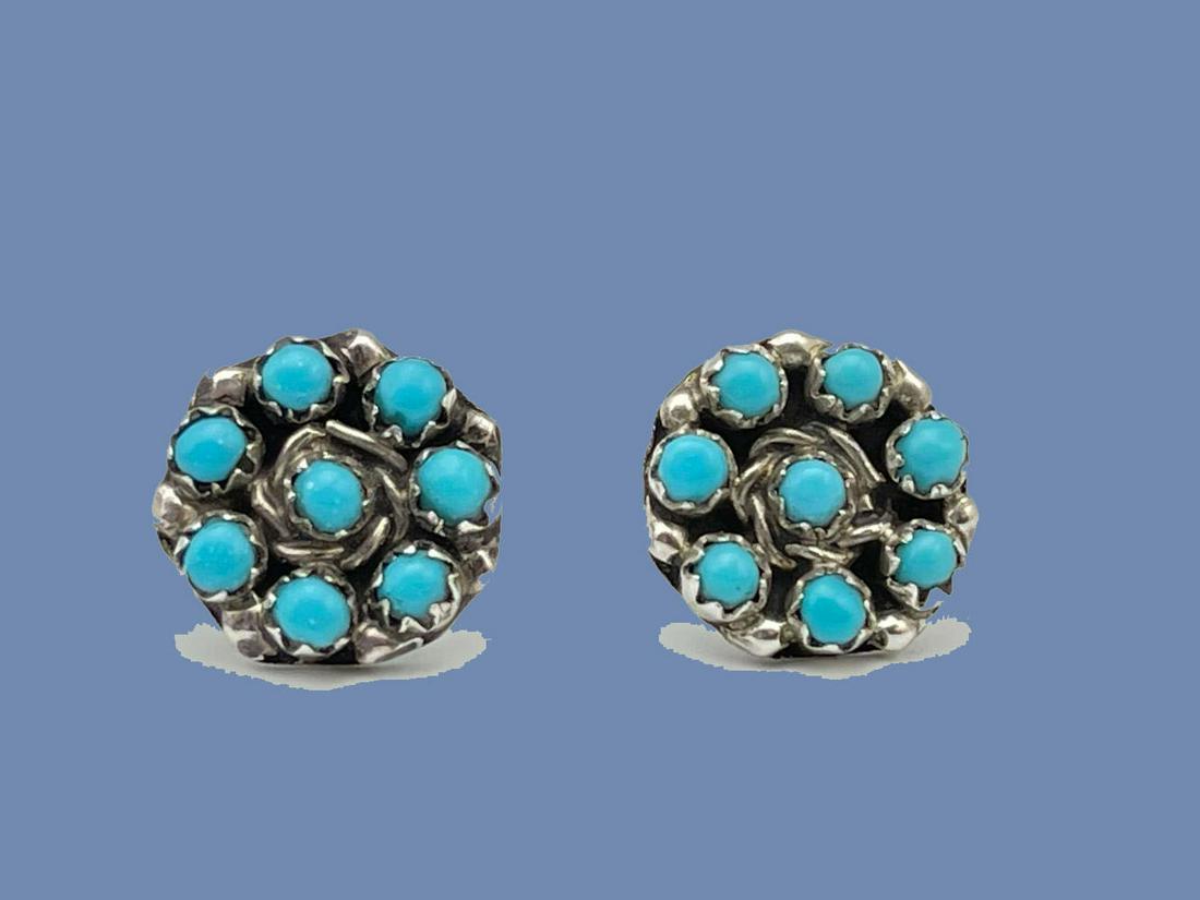 Navajo Snake Eyes Turquoise Floret Earrings by Randy: Navajo Snake Eyes Turquoise Floret Earrings by Randy Hooee. 2.7g, approximately 0.5 x 0.5 in. Marked 925.