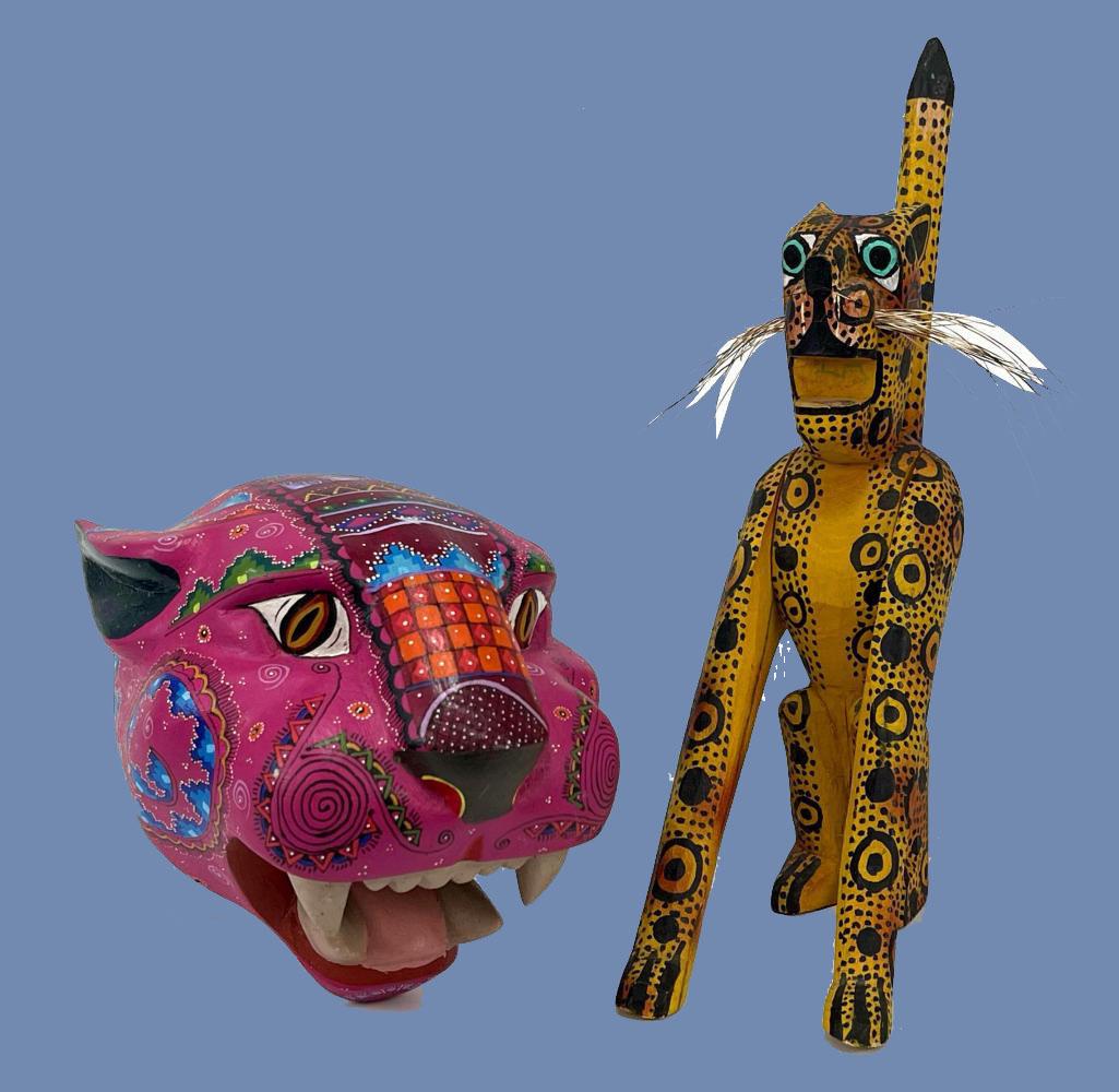 Oaxaca Mexico Carved Leopard Head & Cat: Oaxaca Mexico Carved Leopard Head & Cat. Leopard head marked "Norberto Fabian Xuana Sn Martin Tillajete Reforma no13 Oaxaca Mexico". Approximately 6.5 x 5.25 x 5.25in. Cat statue approximately 7.5 x 