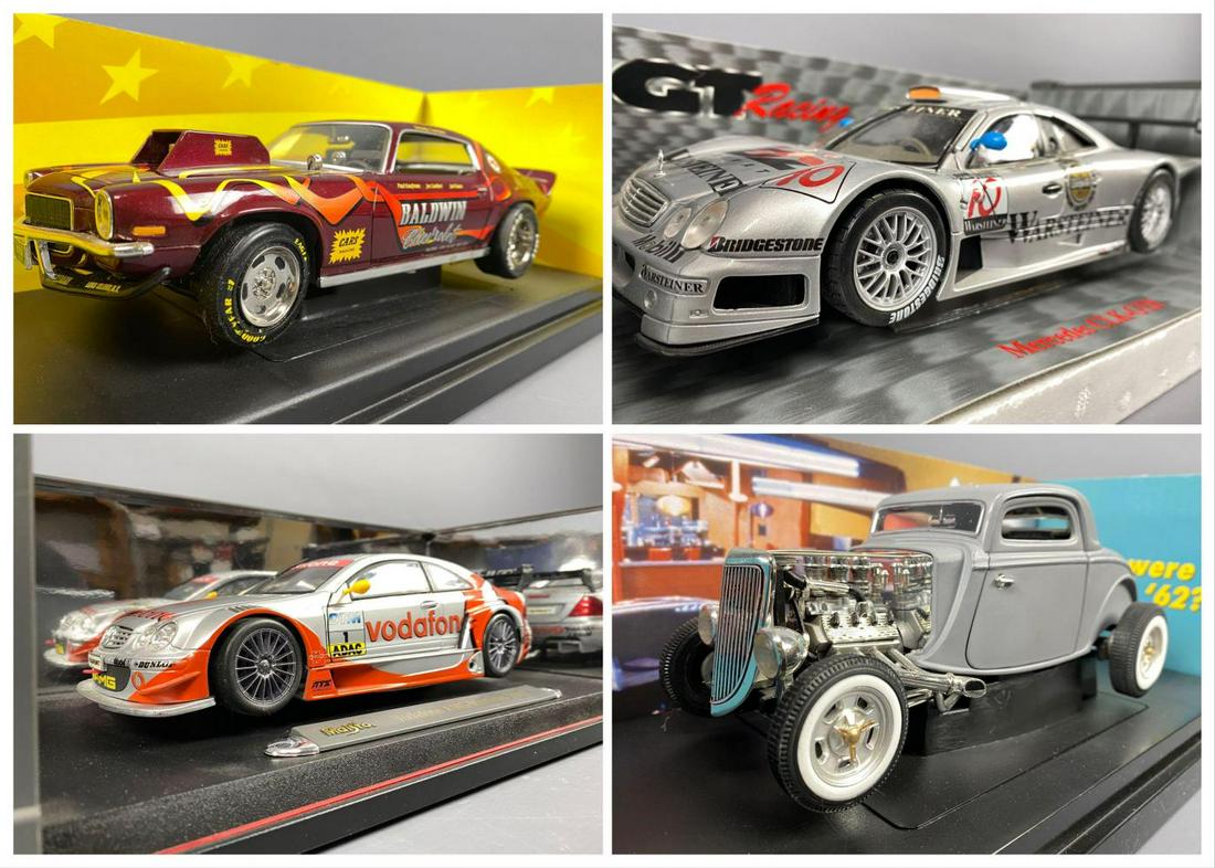 4 Maisto And Ertl Diecast Model Cars: 4 Maisto and Ertl Collectables American Muscle Diecast Model Cars 1/18 Scale. Mercedes CLK-GTR, Mercedes CLK-DTM 2002, American Graffiti 34 Ford Hot Rod, 1970 Baldwin Motion Camaro.