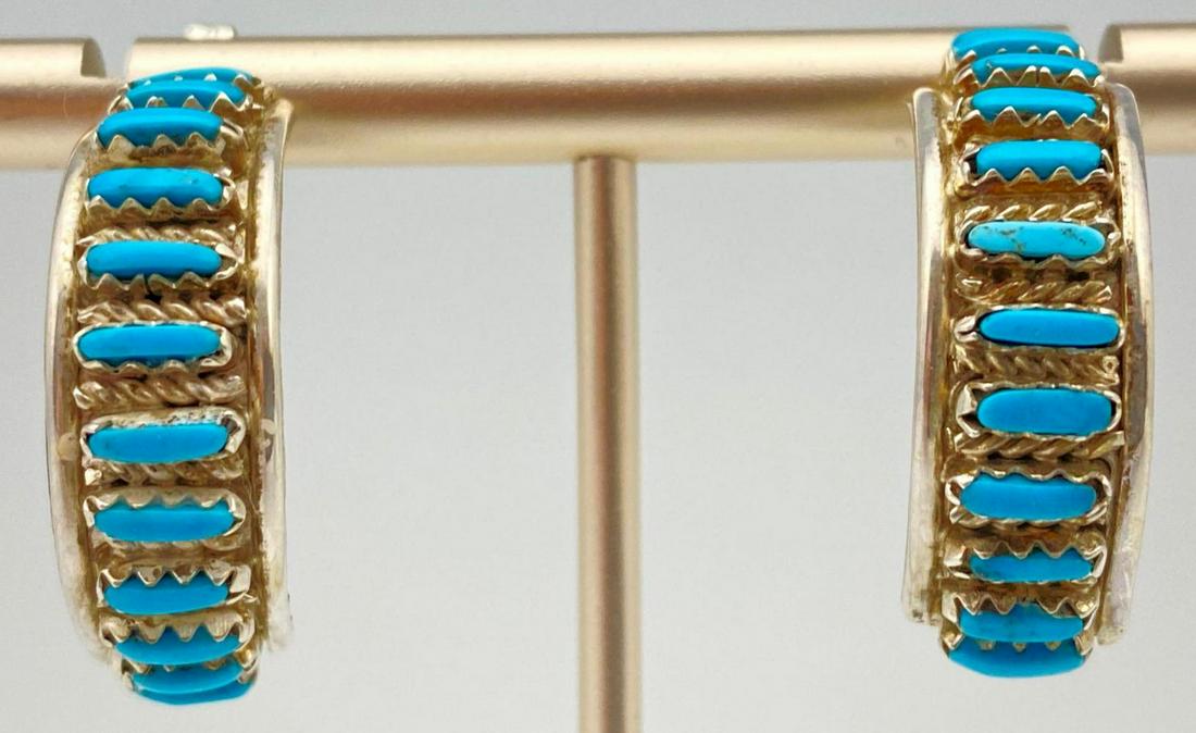 Zuni Turquoise Needlepoint Earrings 1/2 Hoops (1 of 7)