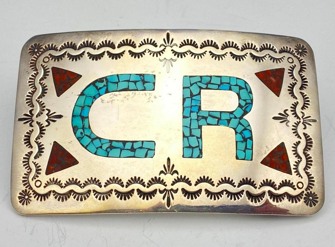 Sterling Silver Turquoise And Coral Belt Buckle. 81.8g: Sterling Silver Turquoise And Coral Belt Buckle. 81.8g. Marked Sterling Handmade. Signed Diaz. Approximately 3.625 x 2.25 in.
