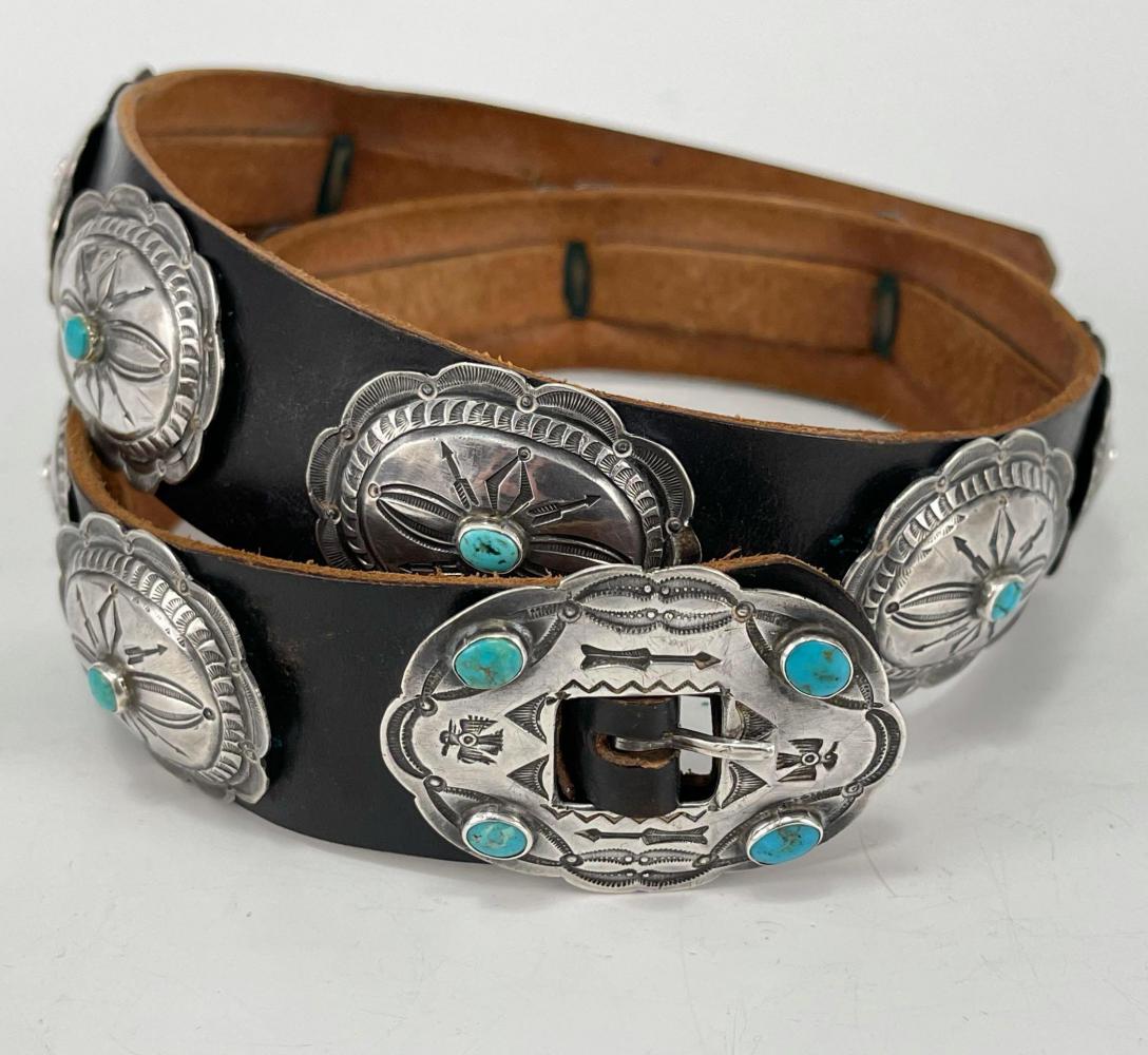 Navajo Sterling Silver Concho Belt: Navajo Sterling Silver Concho Belt With Detailed Stamwork And Thunderbirds. Approximately 34 x 1.5 in. 