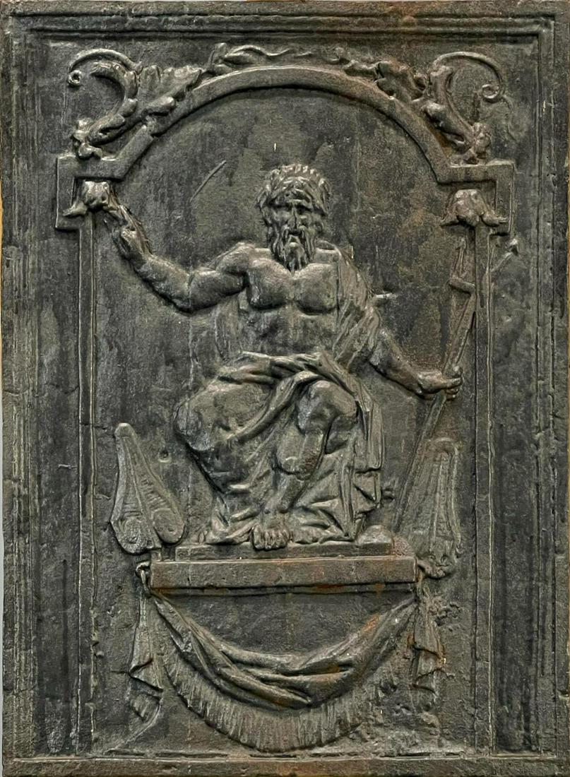 Cast Iron Architectural Fireplace Relief.: Cast Iron Architectural Fireplace Relief Neptune/Poseidon. 59.8lbs. Approximately 25.25 x 18.5 x .75 in. 