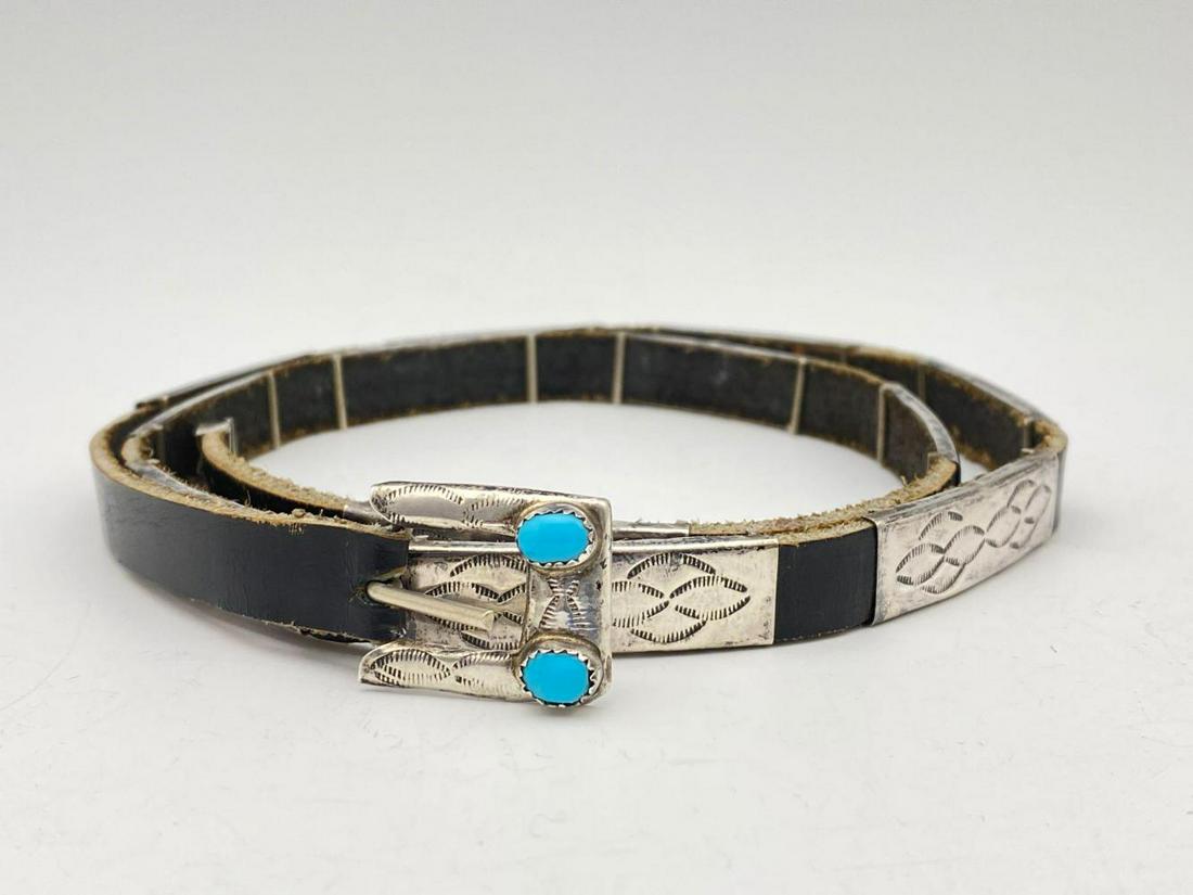 Older Navajo Sterling Hat Band With 12 Conchos: Older Navajo Sterling Hat Band With 12 Conchos And Stamped Belt Buckle With 3 Bezel Set Turquoise Gemstones. 40.1g. Approximately 31.5 x 0.4375 in.