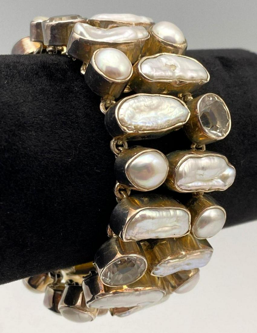 Sterling Silver White Topaz And Pearl Bracelet. 95.9g (1 of 6)