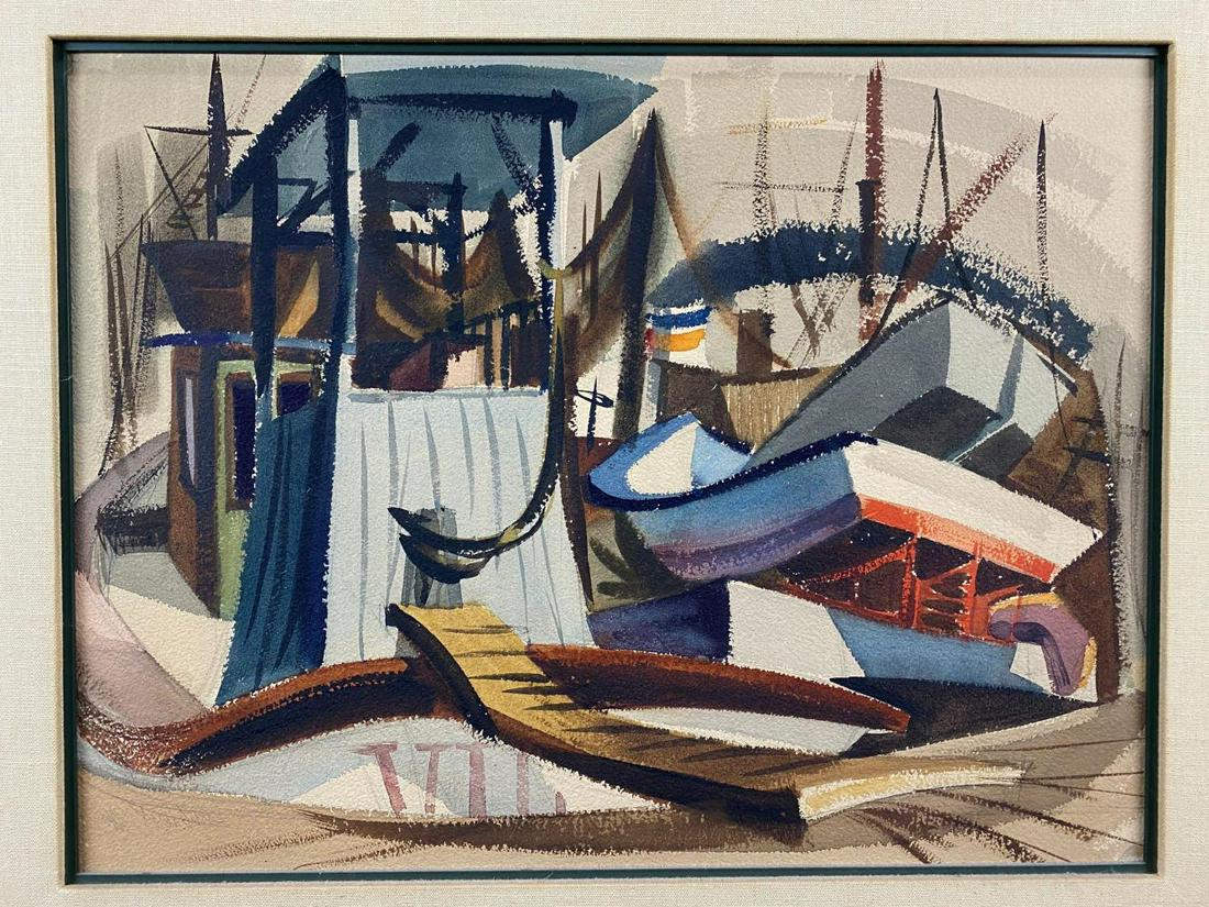 California School Watercolor, Mid 20th C, Boats at Dock (1 of 9)