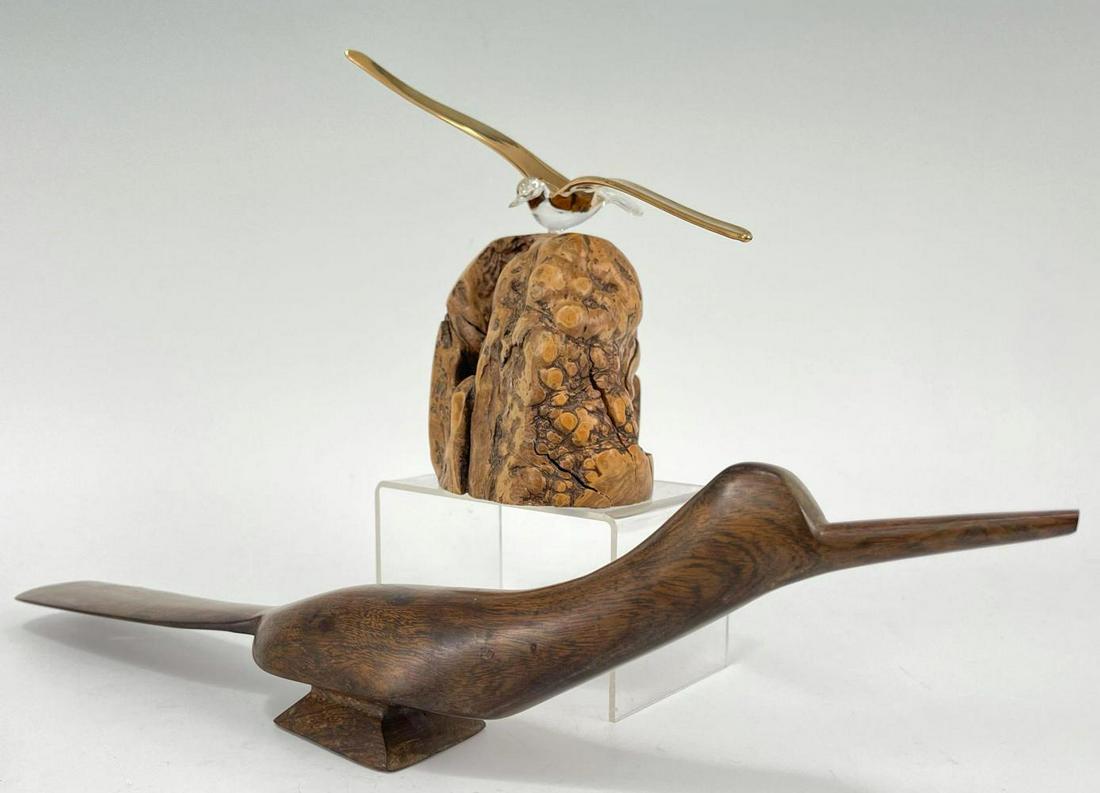 Glass Seagull on Burlwood Mount and Carved Wood Bird: Glass Seagull on Burlwood Mount and Carved Wood Bird Sculpture. Wooden Piece Approximately 17.25 x 4.125 x 2.25 in. Glass Piece Approximately 8.625 x 7.25 x 4.5 in. 