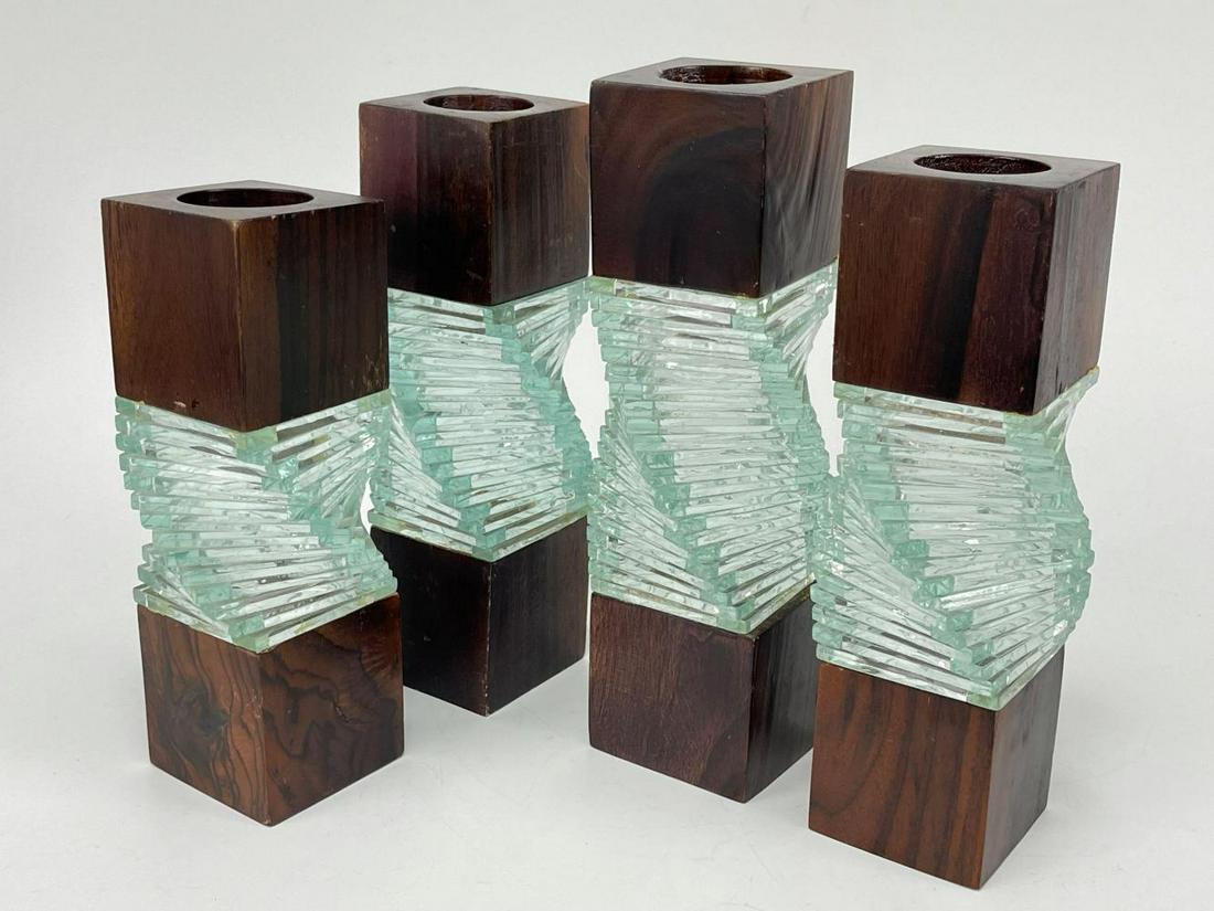 Four Modernist Geometric Glass and Wood Candle Holders (1 of 13)