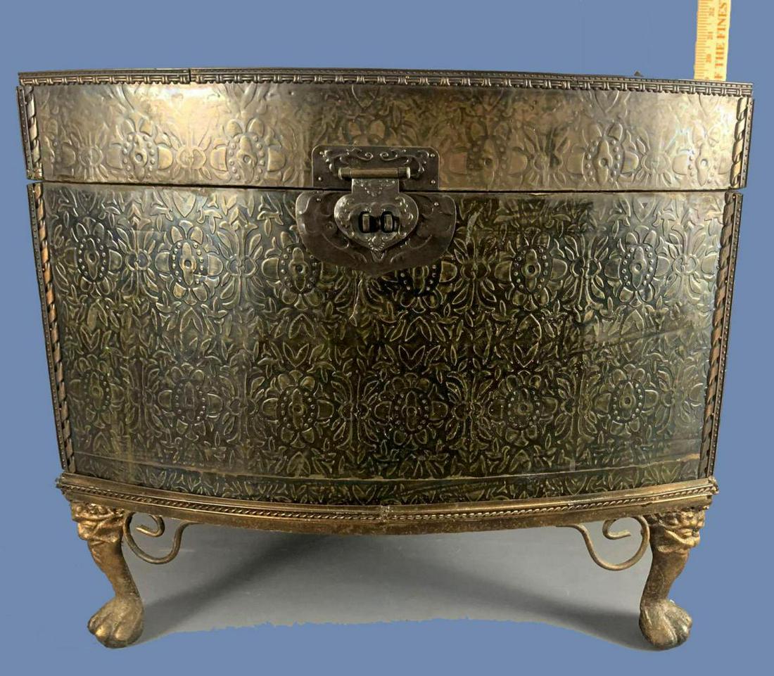 Vintage Embossed Tin Covered Chest with metal claw foot: Vintage Embossed Tin Covered Chest with metal claw foot stand.SHIPPING AVAILABLE