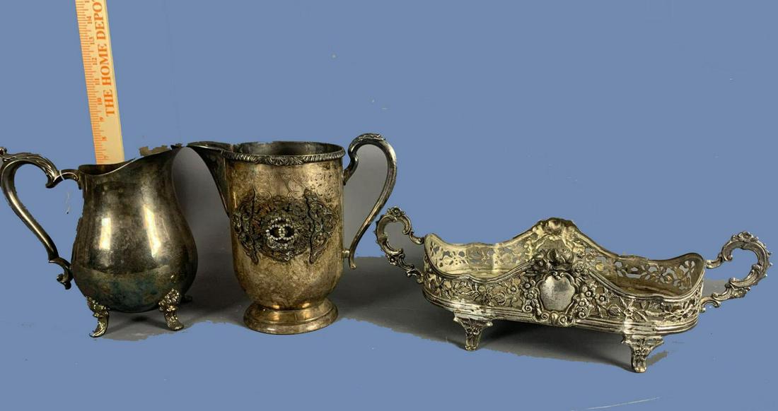 2 silver plate pitchers, 1 metal serving trey (1 of 7)