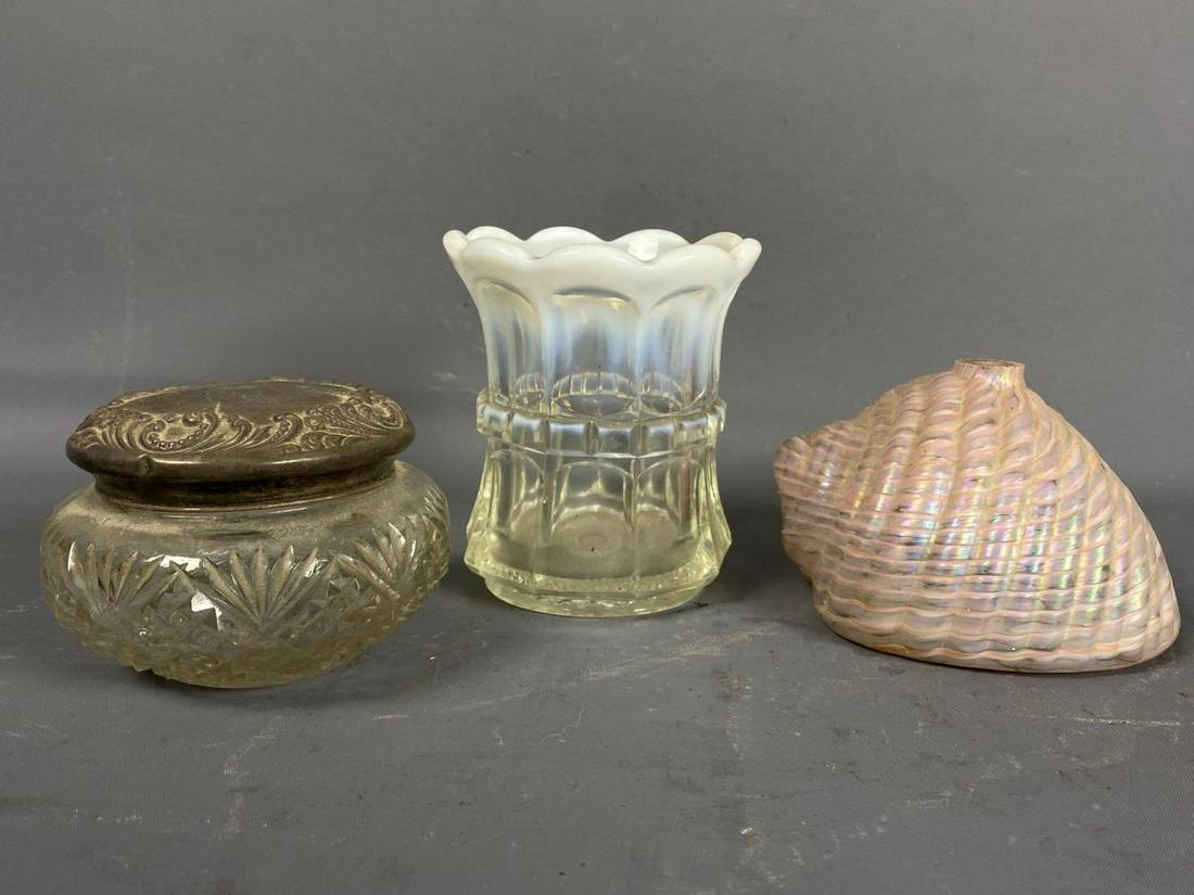 Decorative, Moonstone Opalescent Glass, Shell, Powder: Decorative, Moonstone Opalescent Glass, Shell, Powder Jar.SHIPPING AVAILABLE