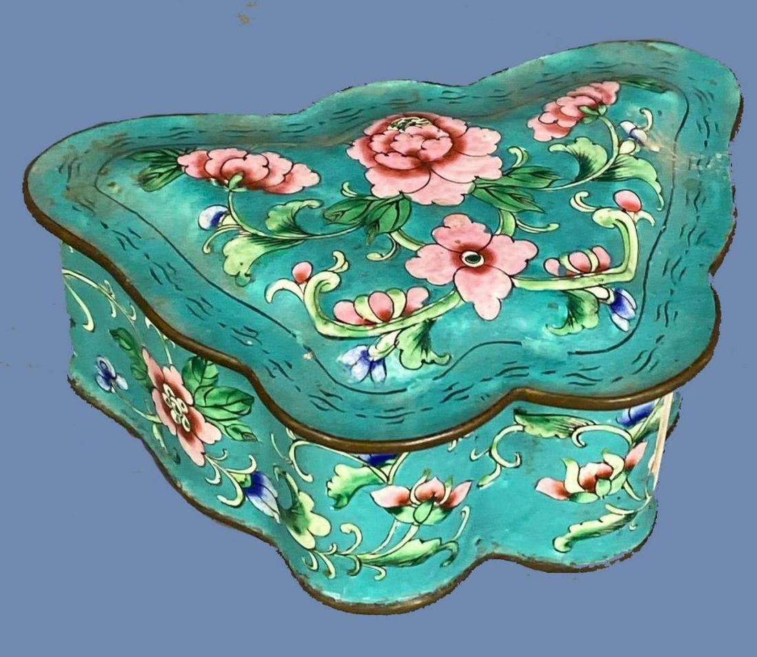 Chinese Enameled Butterfly Covered Box: Tin butterfly container with stamps.Shipping Available