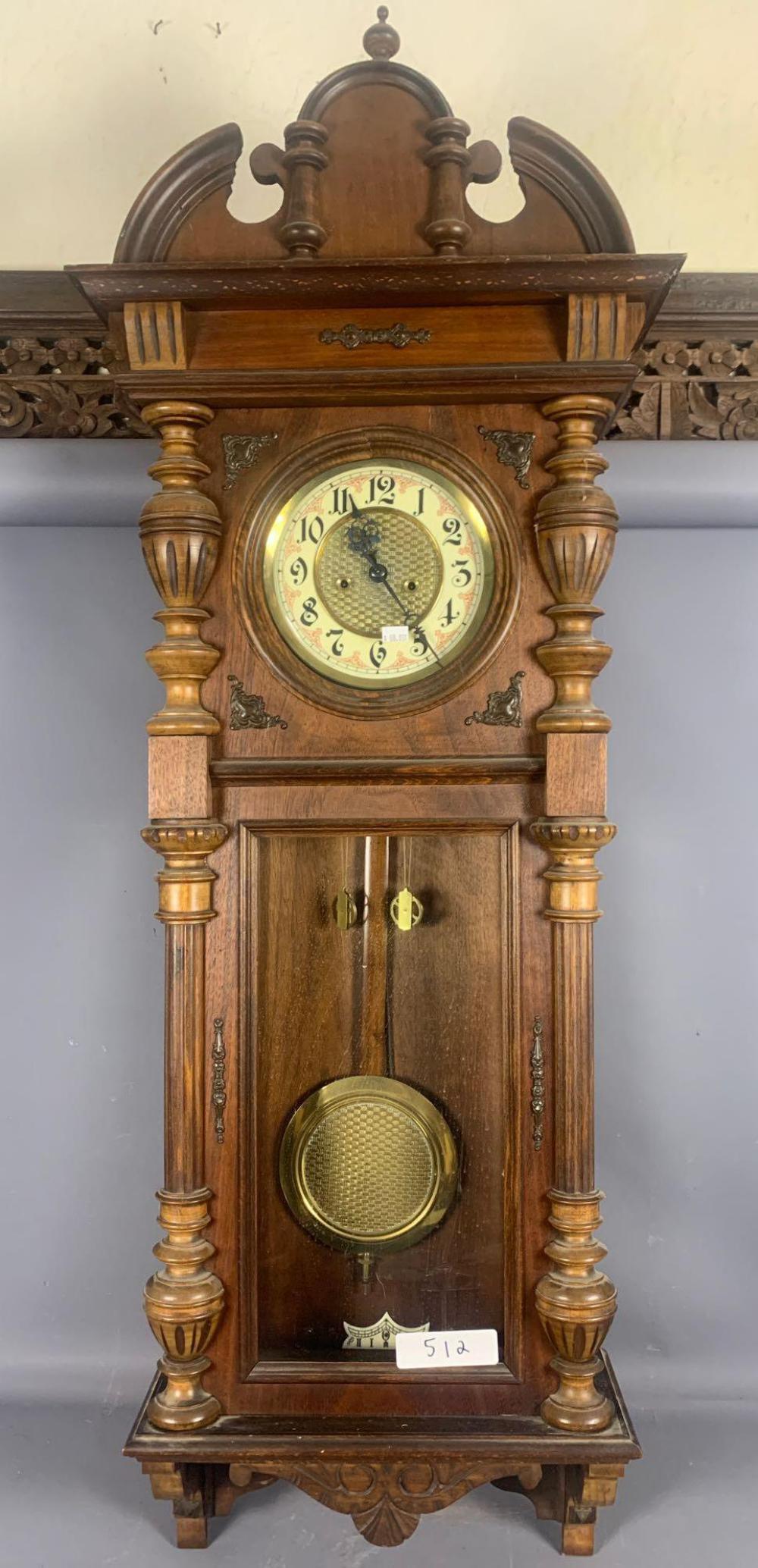 Older Walnut Wall Clock with Pendant and Weights: Older Walnut Wall Clock with Pendant and Weights Approx 50” tall.NO SHIPPING AVAILABLE
