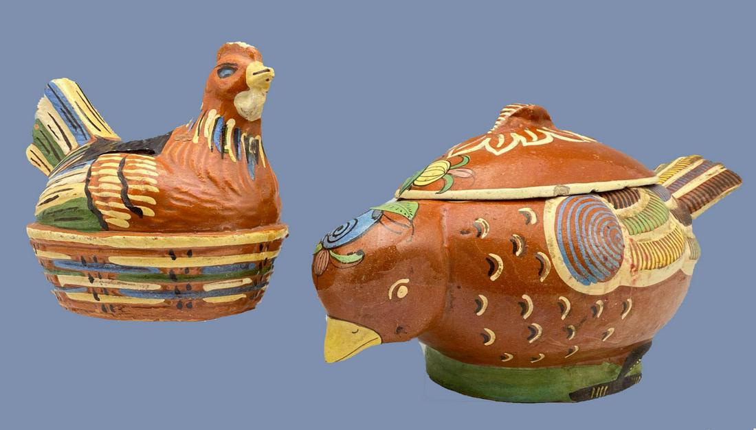Two Mexican Folk Art Pottery Chickens, One Lidded (1 of 15)