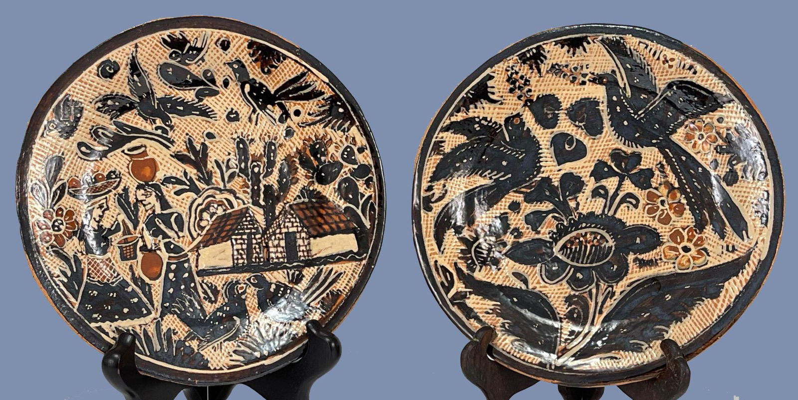 Two Tlaquepaque Mexican Folk Art Pottery Chargers, (1 of 13)