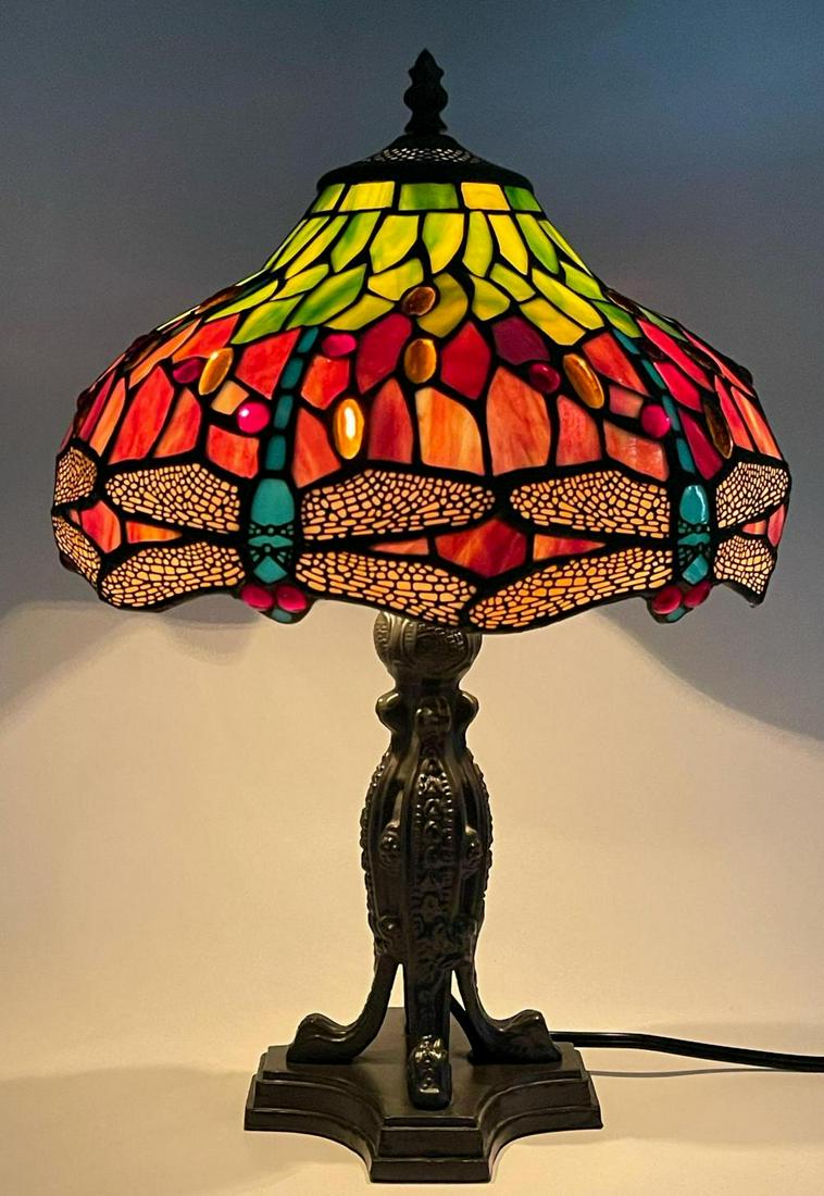 Arts and Crafts Style Stained Glass Dragonfly Lamp (1 of 14)