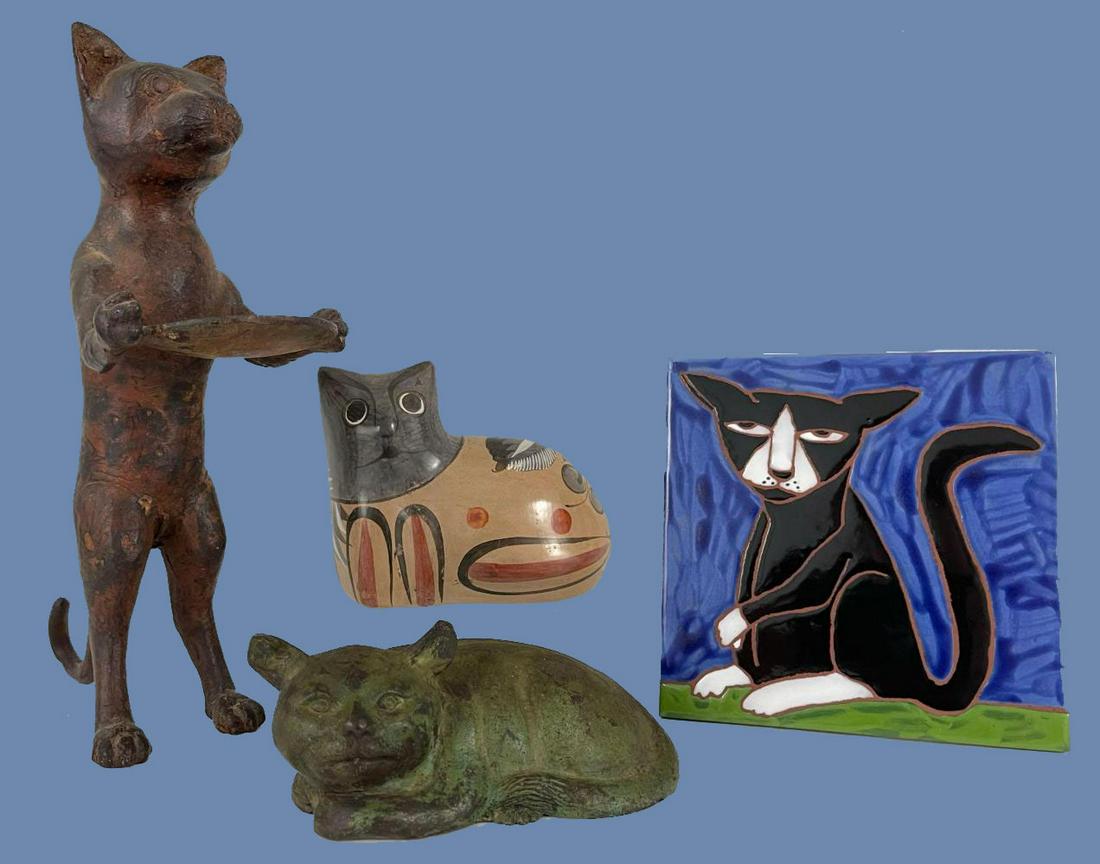 Cast Iron Cat Figural Card Holder and Three Pottery (1 of 20)
