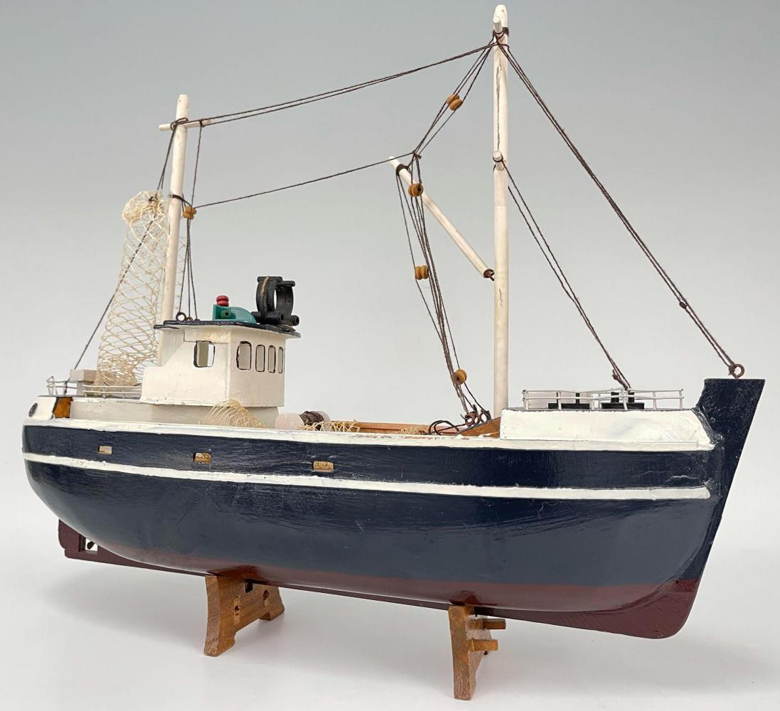 Older Model Fishing Boat: Wooden Model Boat. Approximately 17.25 x 14.625 x 4.9375 in.