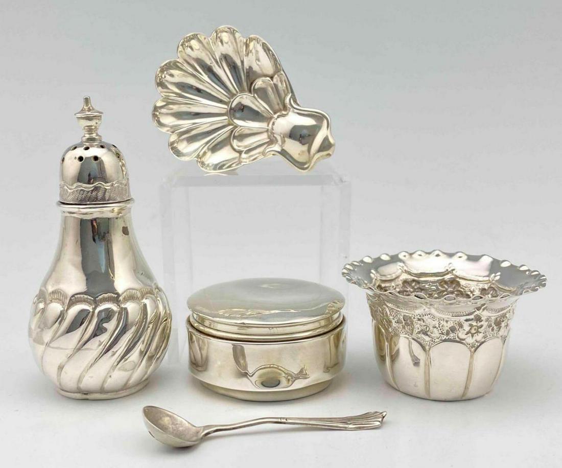 Sterling Silver Lot: Sterling Silver Lot. 57.9g. Marked RR, HA, O, b. Spoon 2.0625 x 0.5 x 0.125 in. Pepper Shaker 2.875 x 1.5 x 1.5 in. All measurements are approximate.