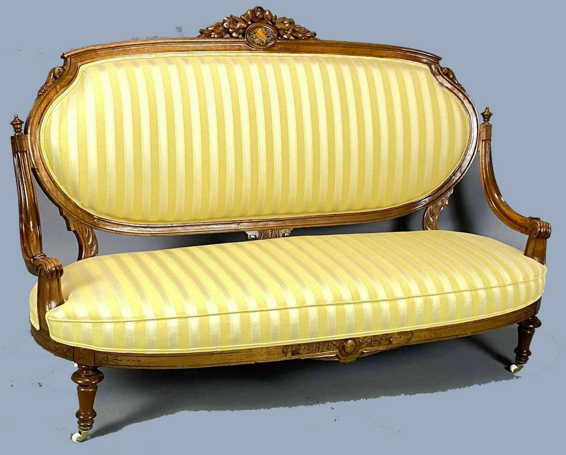 Antique Hand Carved Love Seat With Stripped Damask (1 of 16)
