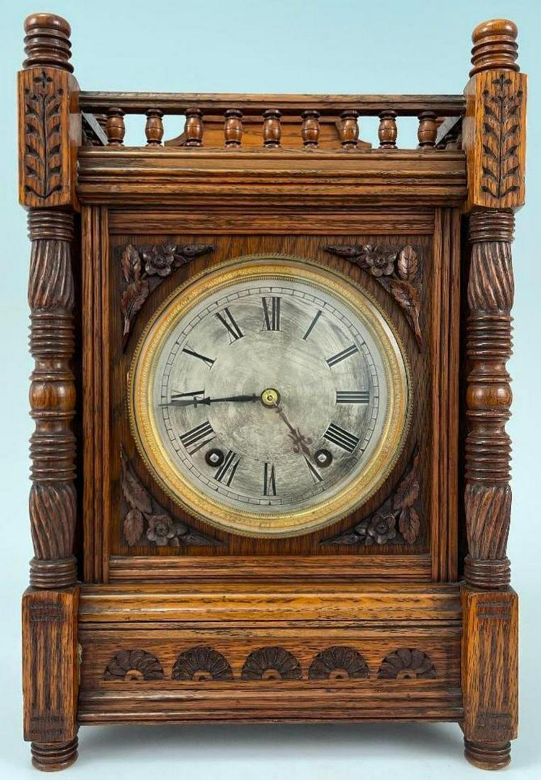 Antique Carved Tiger Oak Mantel Clock (1 of 18)