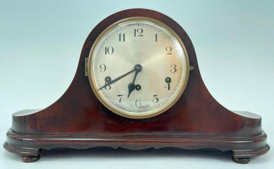 English Mahogany Mantel Clock: Clock, Key Marked British Made, Clock Marked B423. Approximately 21.4375 x 10.6875 x 6.875 in.