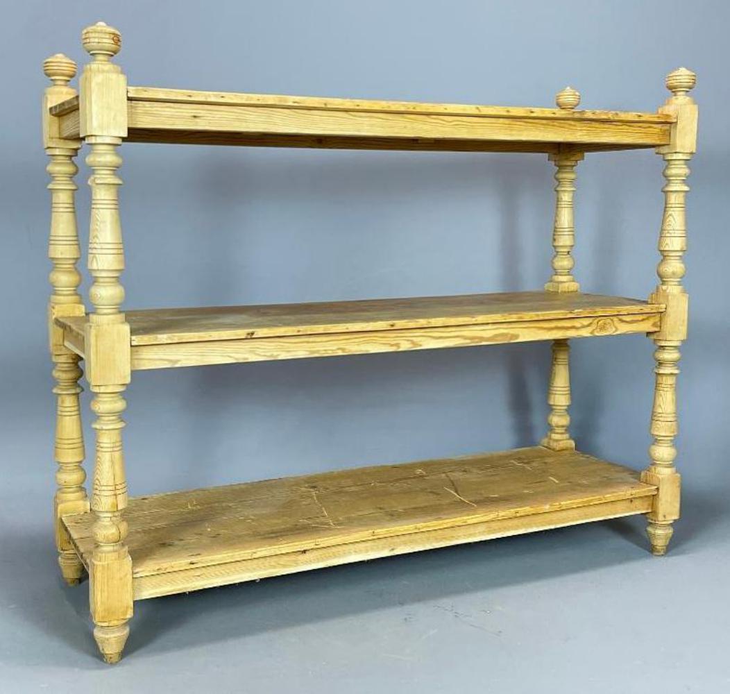 Three Tier Turned Pine Shelf: 3 Tiered Pine Shelf. Approximately 54.25 x 44.375 x 17.8125 8n.