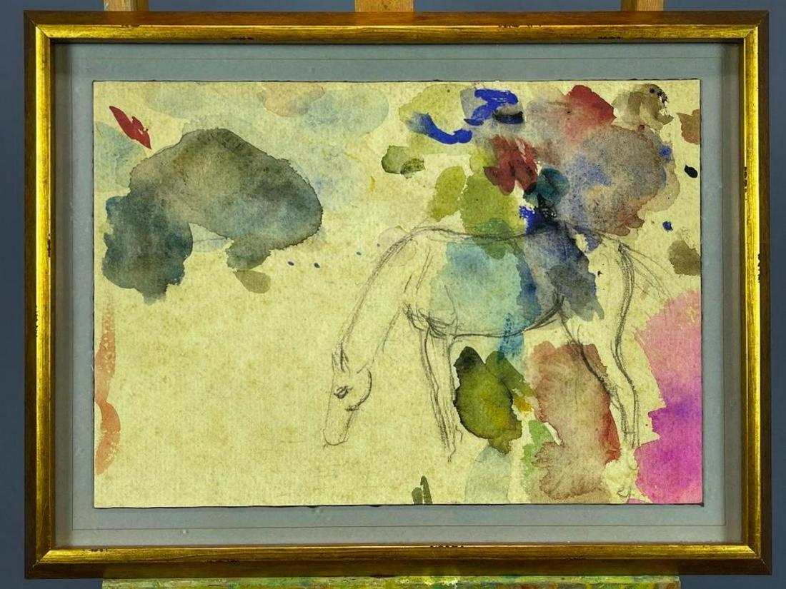 French Watercolor Blotted Study of a Horse: French Watercolor Abstract Color Blotted Study Of a Horse. Framed for Neiman Marcus. Frame Approximately 25.0625 x 19 1.625 in. Sight Approximately 20 x 14 in.