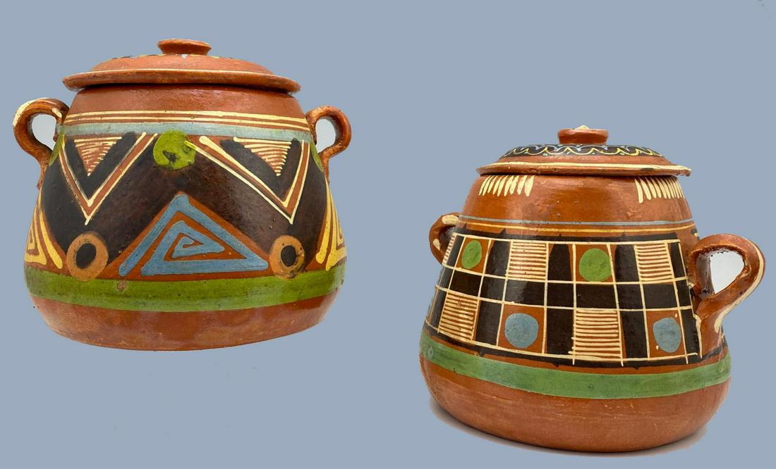 Pair of Mexican Folk Art Pottery Lidded Pots or Vessels (1 of 11)