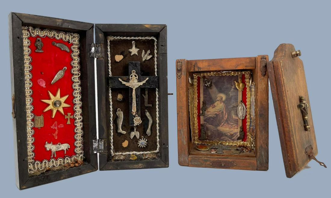 Lot of Two Mexican Milagros Shrines: 2 Vintage Mexican Milagros Shrines. Taller Piece Approximately 7.25 x 3.5 x 2.4375 in. Shorter Piece Approximately 6.5 x 4.4375 x 3.25 in.