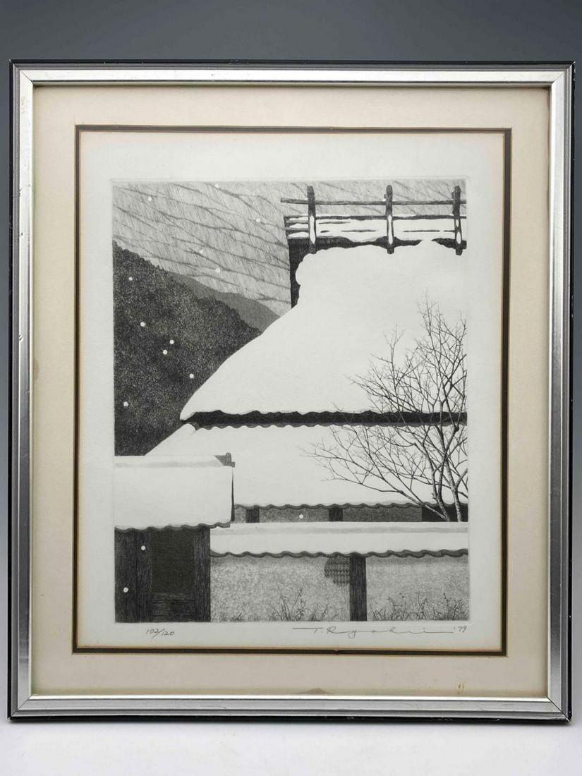 Ryohei Tanaka Japanese Etching, Snowy Roof (1 of 11)