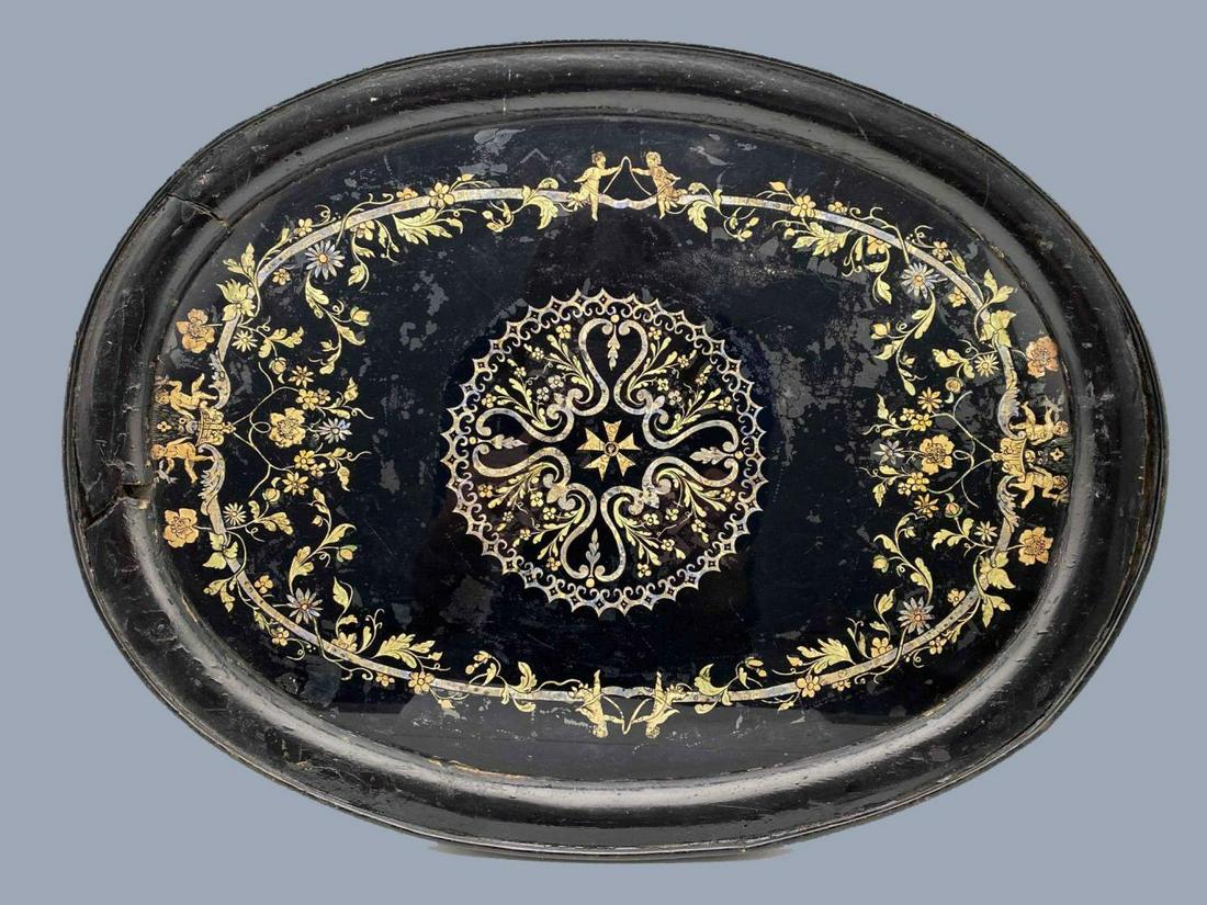 19th C Stamp Art Inlay Lacquered Wood Tray (1 of 9)