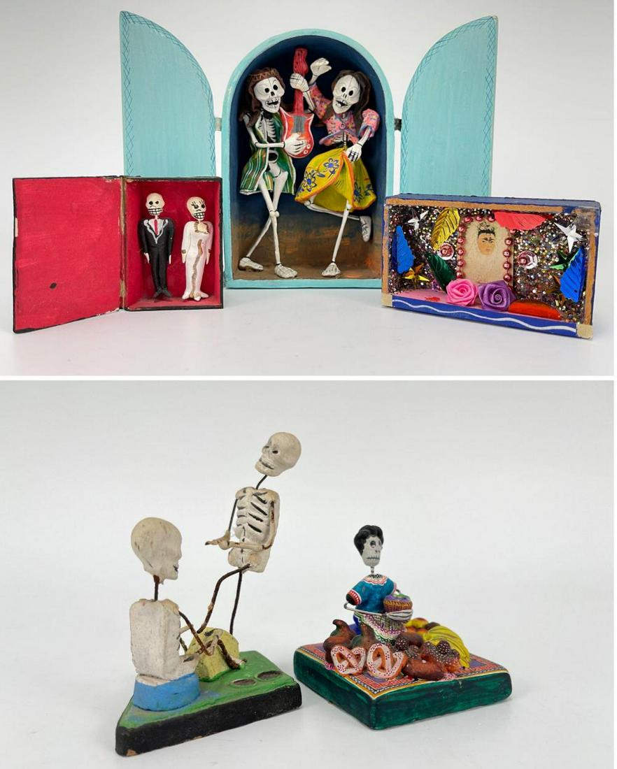 Lot of Mexican and Peruvian Day of the Dead Folk Art,: Vintage Mexican Day Of The Dead Shrines And Sculptures.Sculpture With Skeletons Marked Mexico. Piece WithWoman With Fruit Signed Tomas B. Largest ShrineSigned Alcidez Quispe Lupaz?,Marked Made In Peru