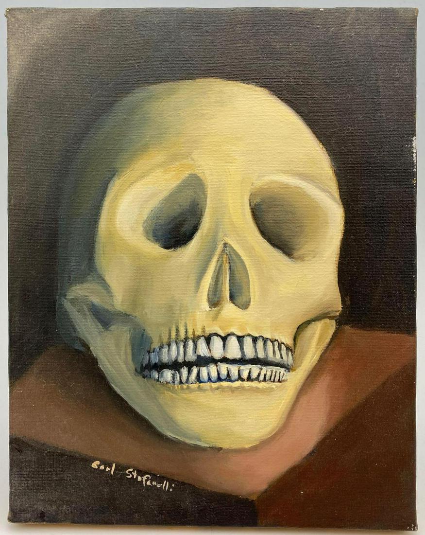 Day of the Dead Skull Painting On Canvas By Carl: Day of the Dead Skull Painting On Canvas By Carl Stefanelli. Approximately 10 x 8 x 0.875 in.