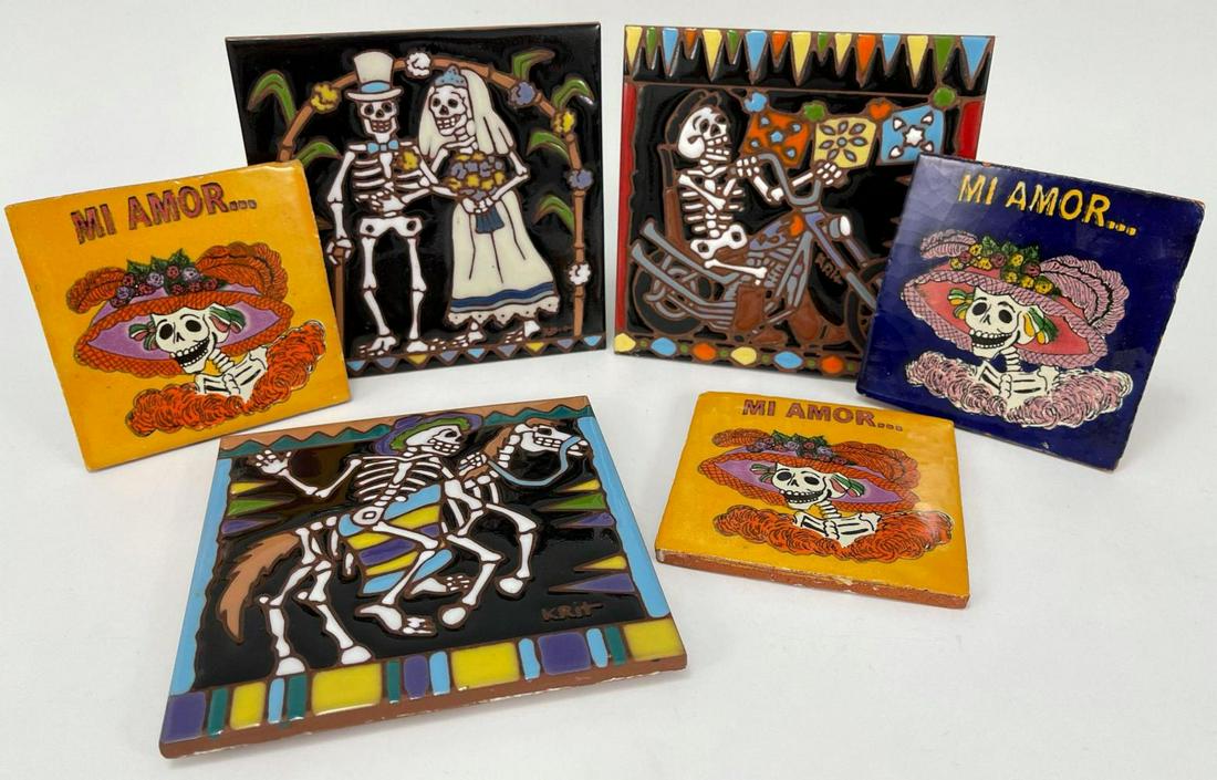 Lot of Day of the Dead Ceramic Tiles: 6 Day Of The Dead Tiles. 3 Large Tiles Signed Krit. Largest Tile Approximately 5.9375 x 5.9375 x .5 in.Smallest Tile Approximately 4.25 x 4.1875 x .25 in.