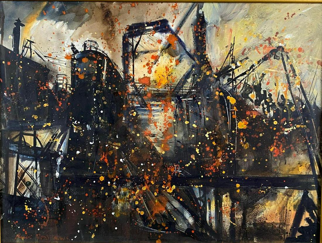 Rubi Roth Industrial Brutalist Mixed Media Painting: Rubi Roth Industrial Brutalist Mixed Media Painting. Approximately 25.75 x 19.625 x 0.75 in.