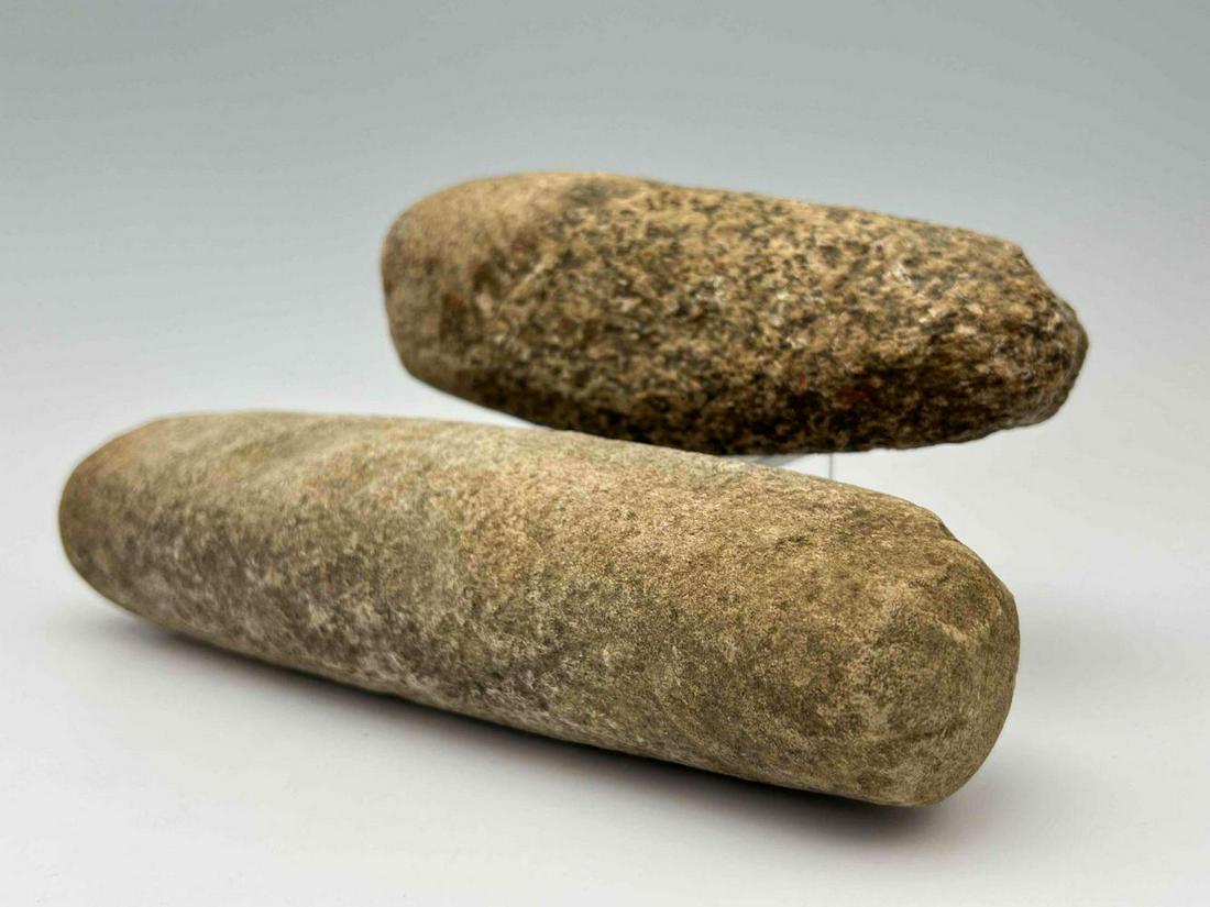 2 Native American Northern California Pestles: 2 Native American Northern California Pestles. Smallest 7 x 2.875 x 2.375 in. Largest 10 x 2.5 x 2.375 in. All measurements are approximate.